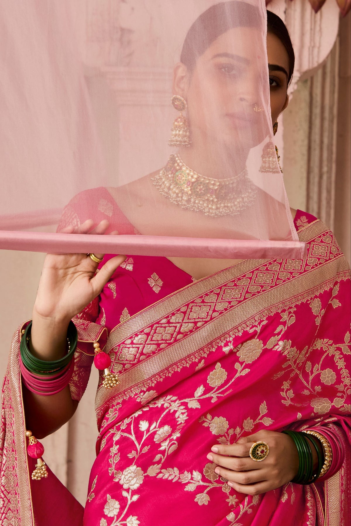 Rani Pink Woven Dola Silk Saree
