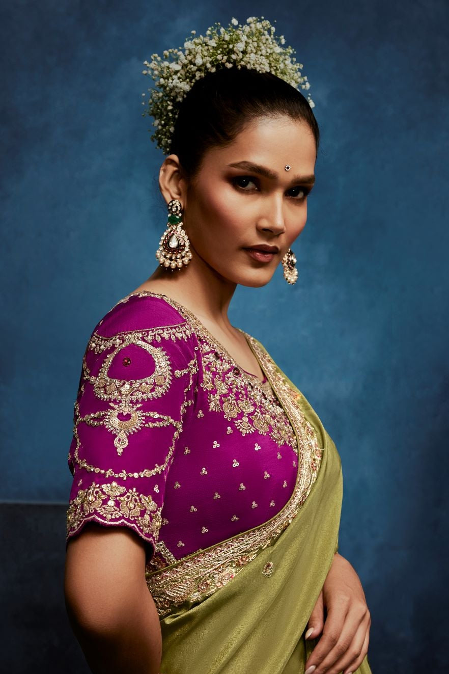 Olive Green Embellished Tissue Silk Saree