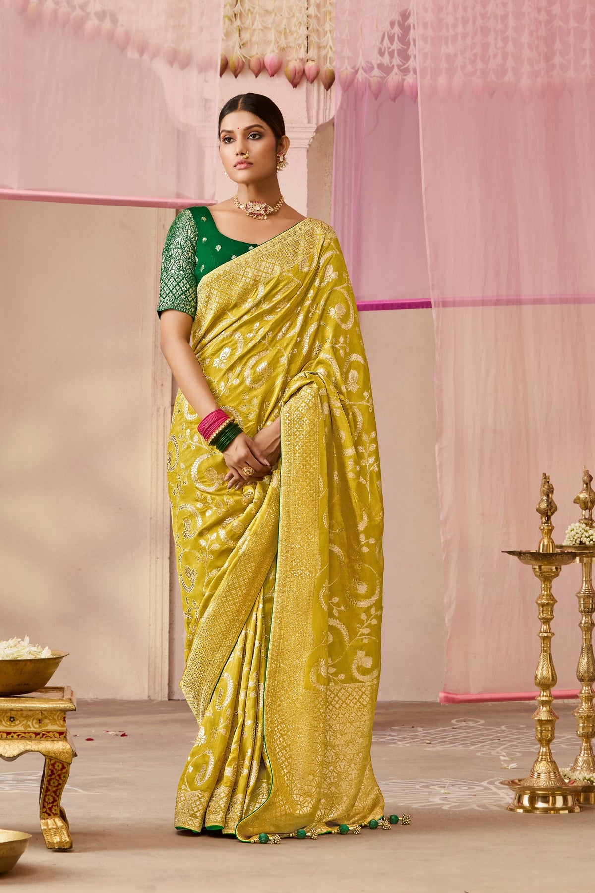 Mustard Yellow Woven Dola Silk Saree