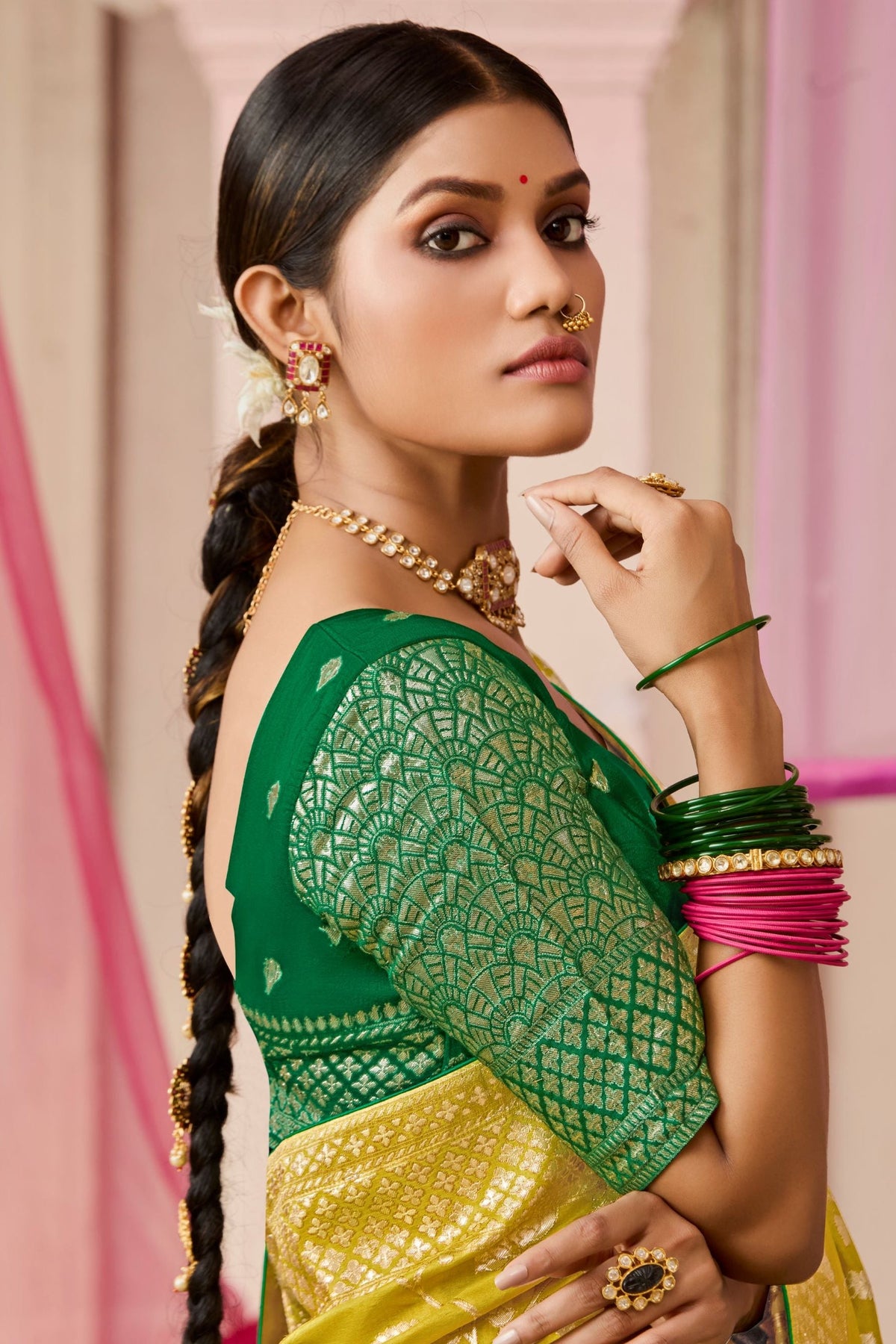 Mustard Yellow Woven Dola Silk Saree