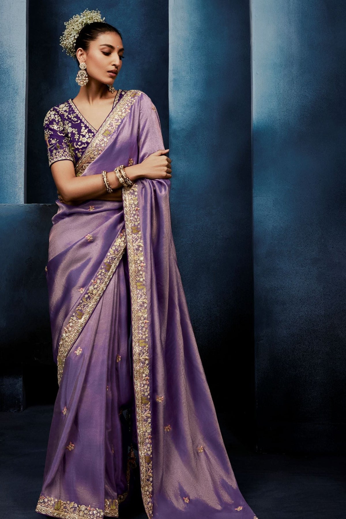 Wisteria Purple Embellished Tissue Silk Saree