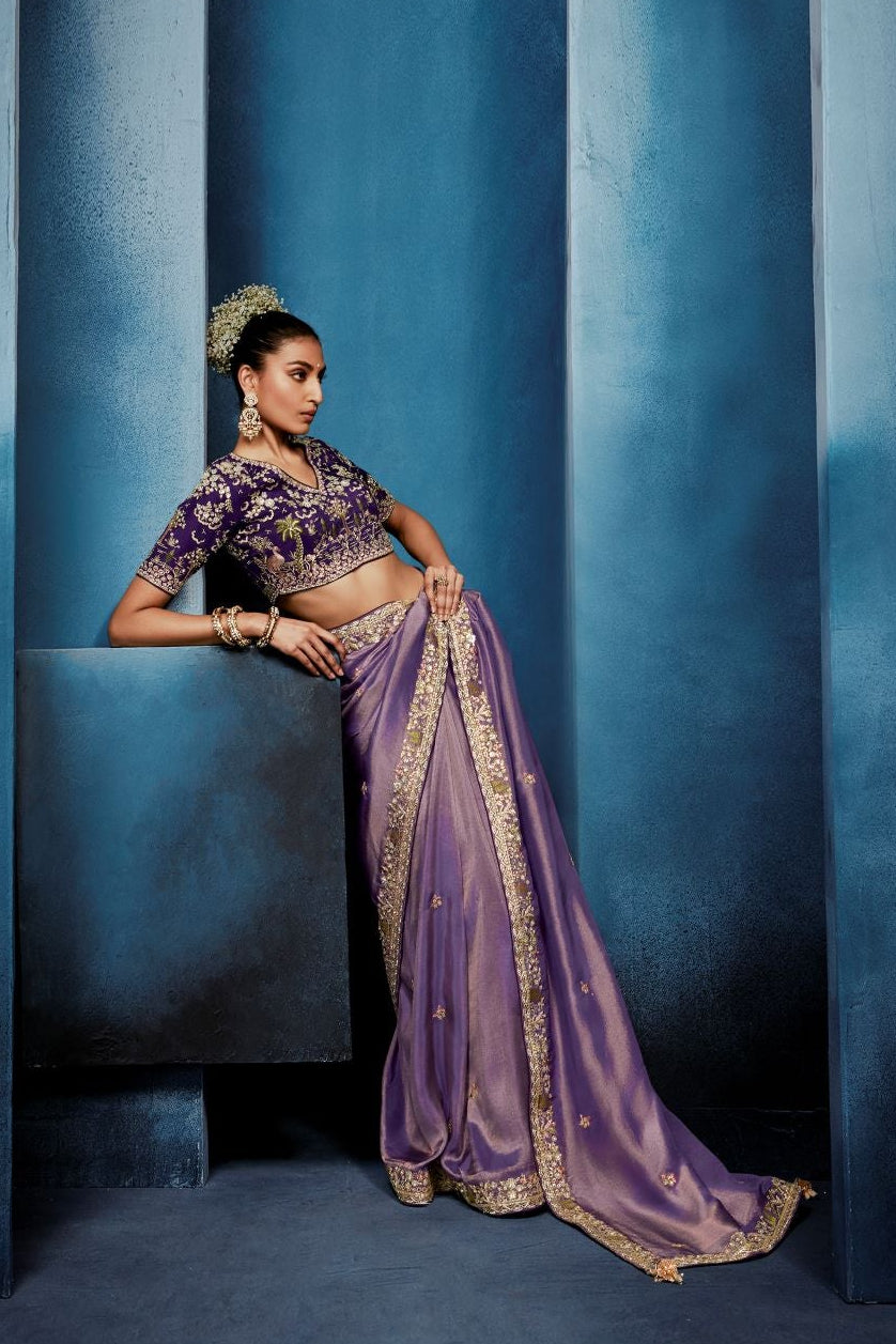 Wisteria Purple Embellished Tissue Silk Saree