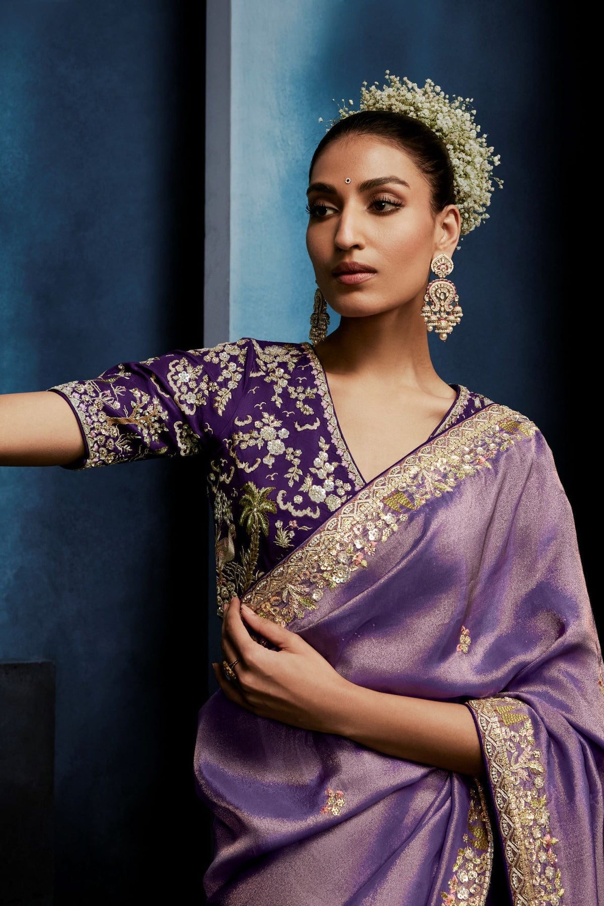 Wisteria Purple Embellished Tissue Silk Saree