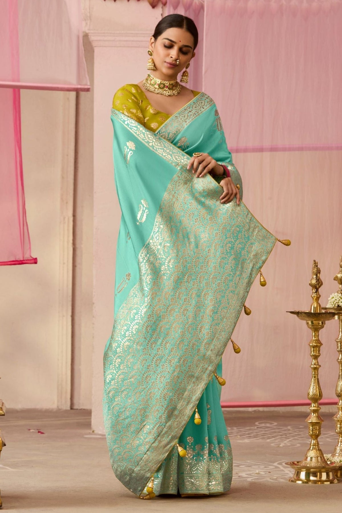 Sea Green Woven Dola Silk Saree
