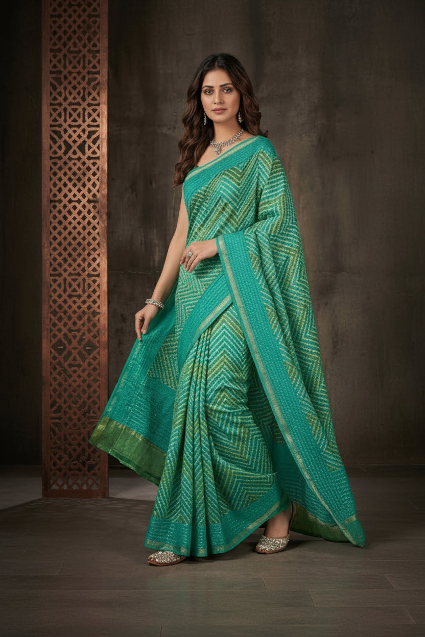Sea Green Printed Kantha Cotton Saree