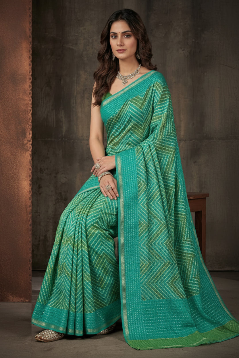 Sea Green Printed Kantha Cotton Saree