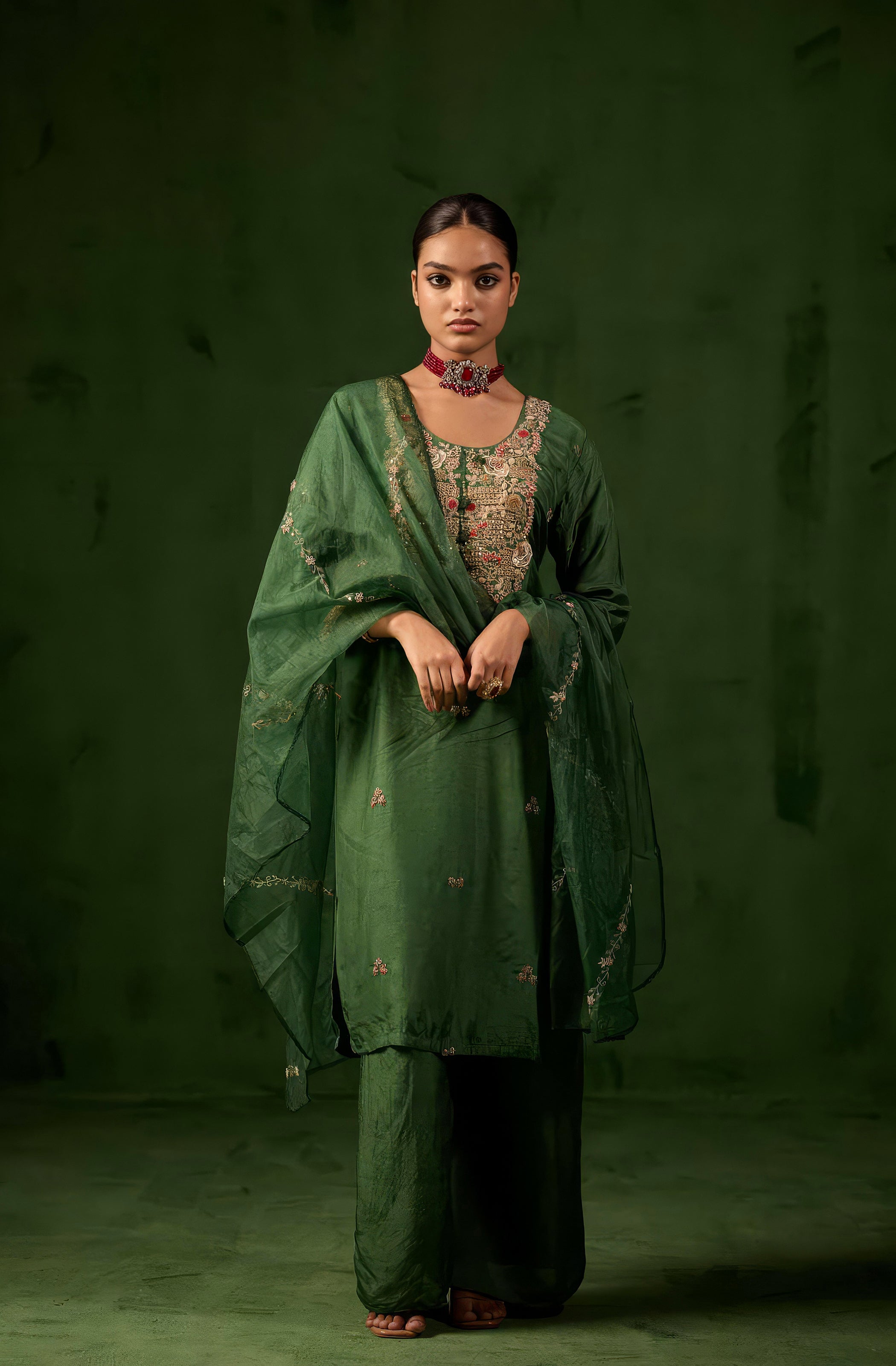 Forest Green Embellished Raw Silk Palazzo Set