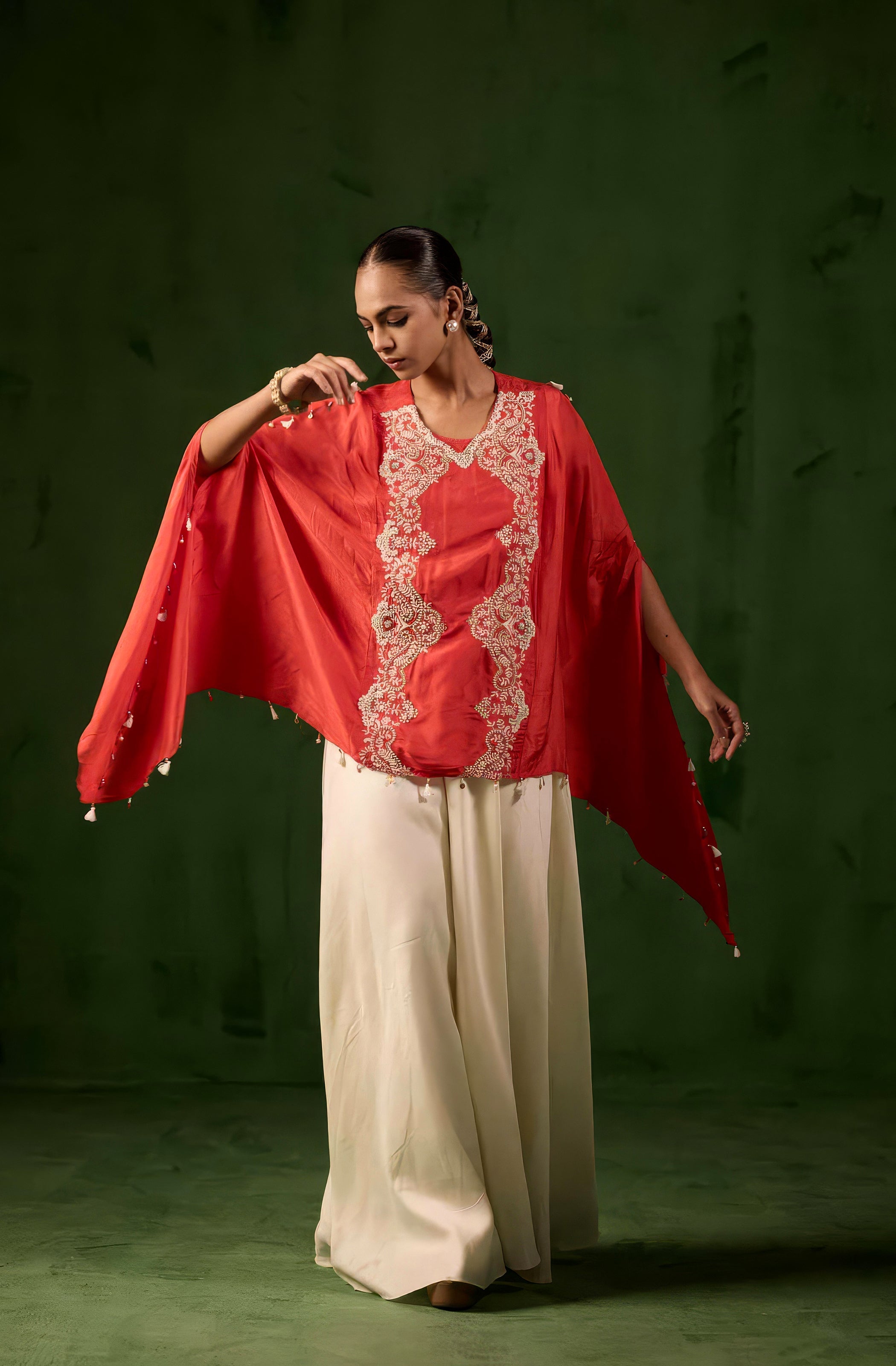 vermilion orange Embellished Raw Silk Kaftan Set