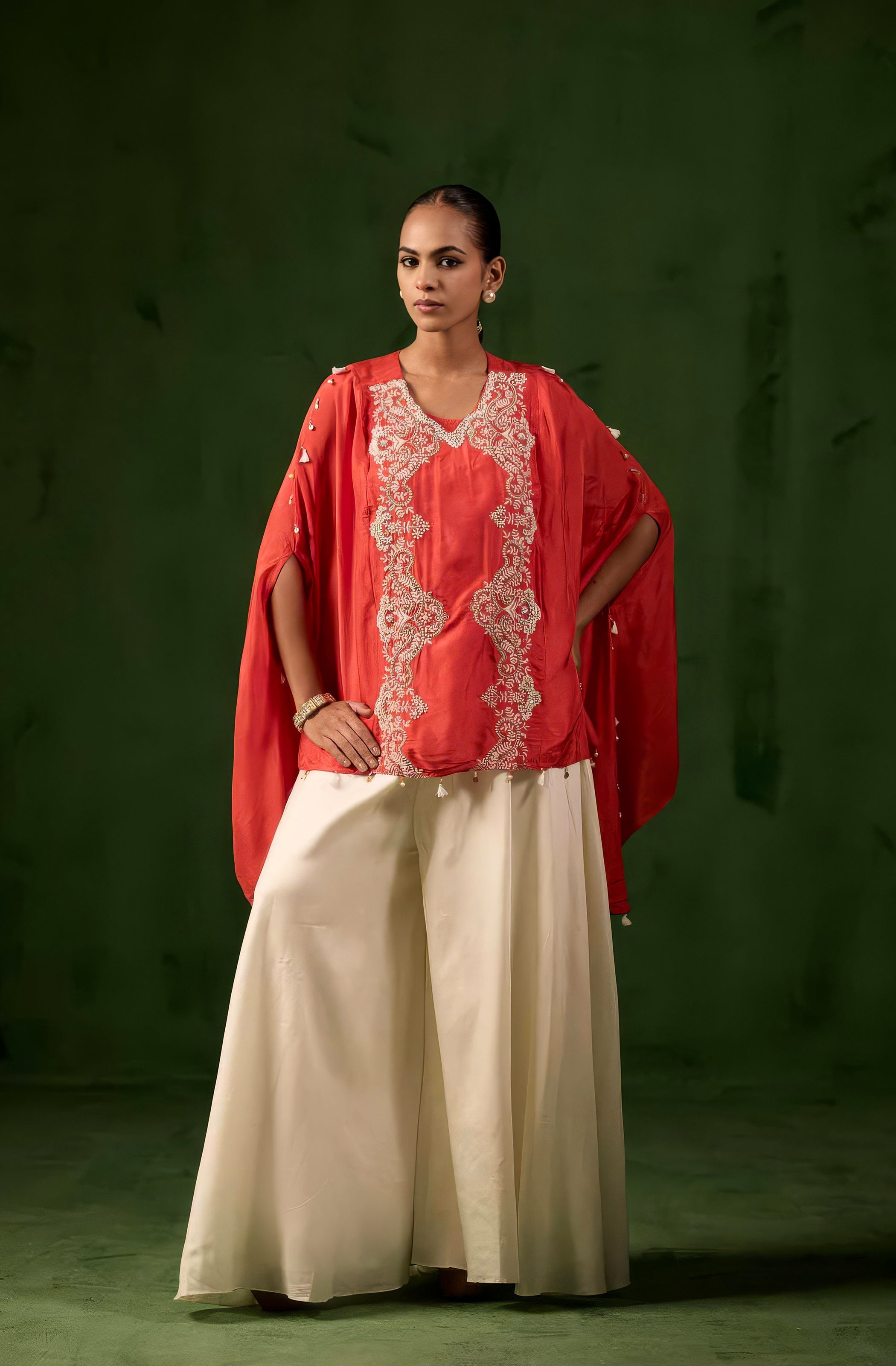 vermilion orange Embellished Raw Silk Kaftan Set