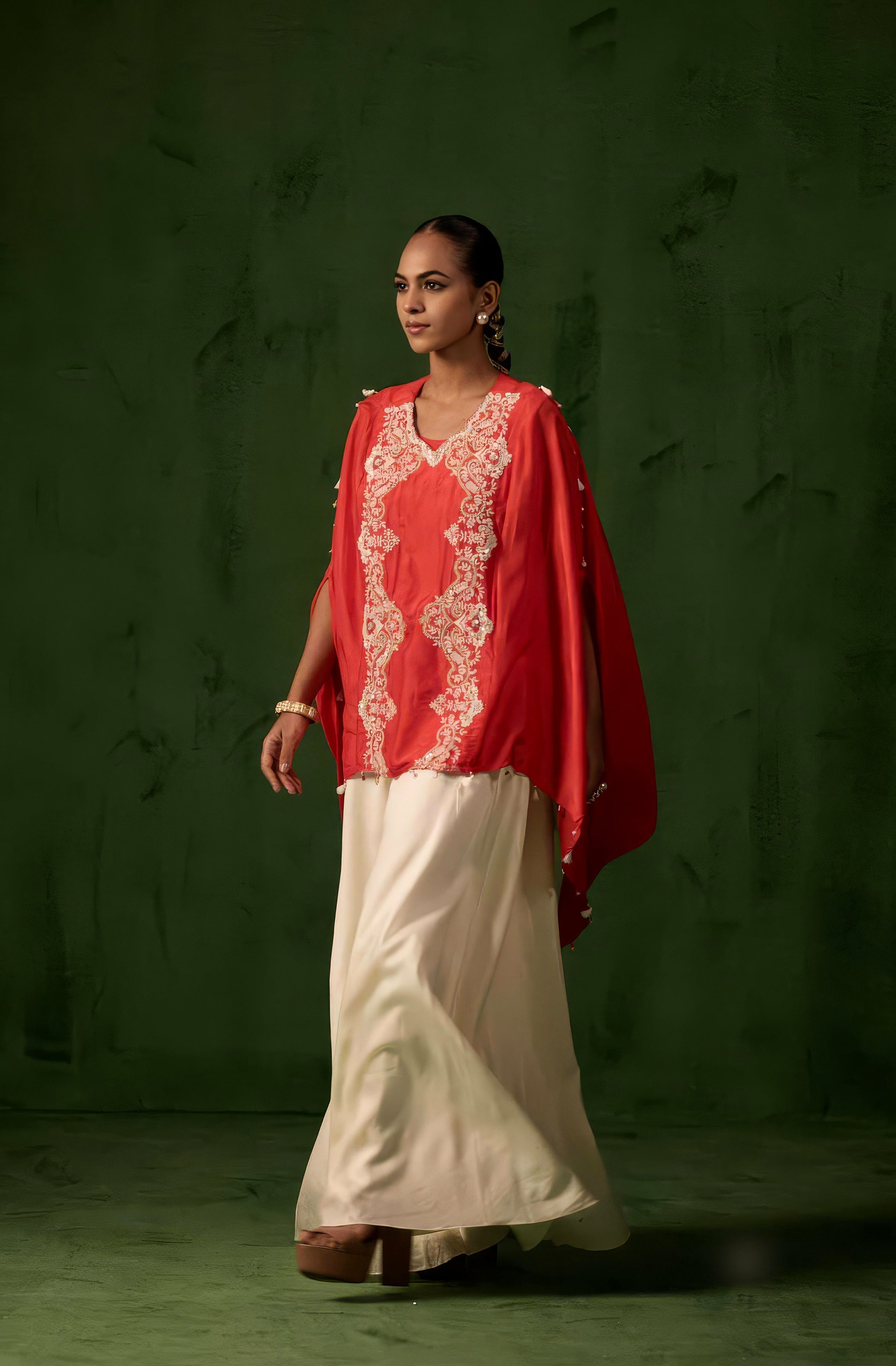 vermilion orange Embellished Raw Silk Kaftan Set