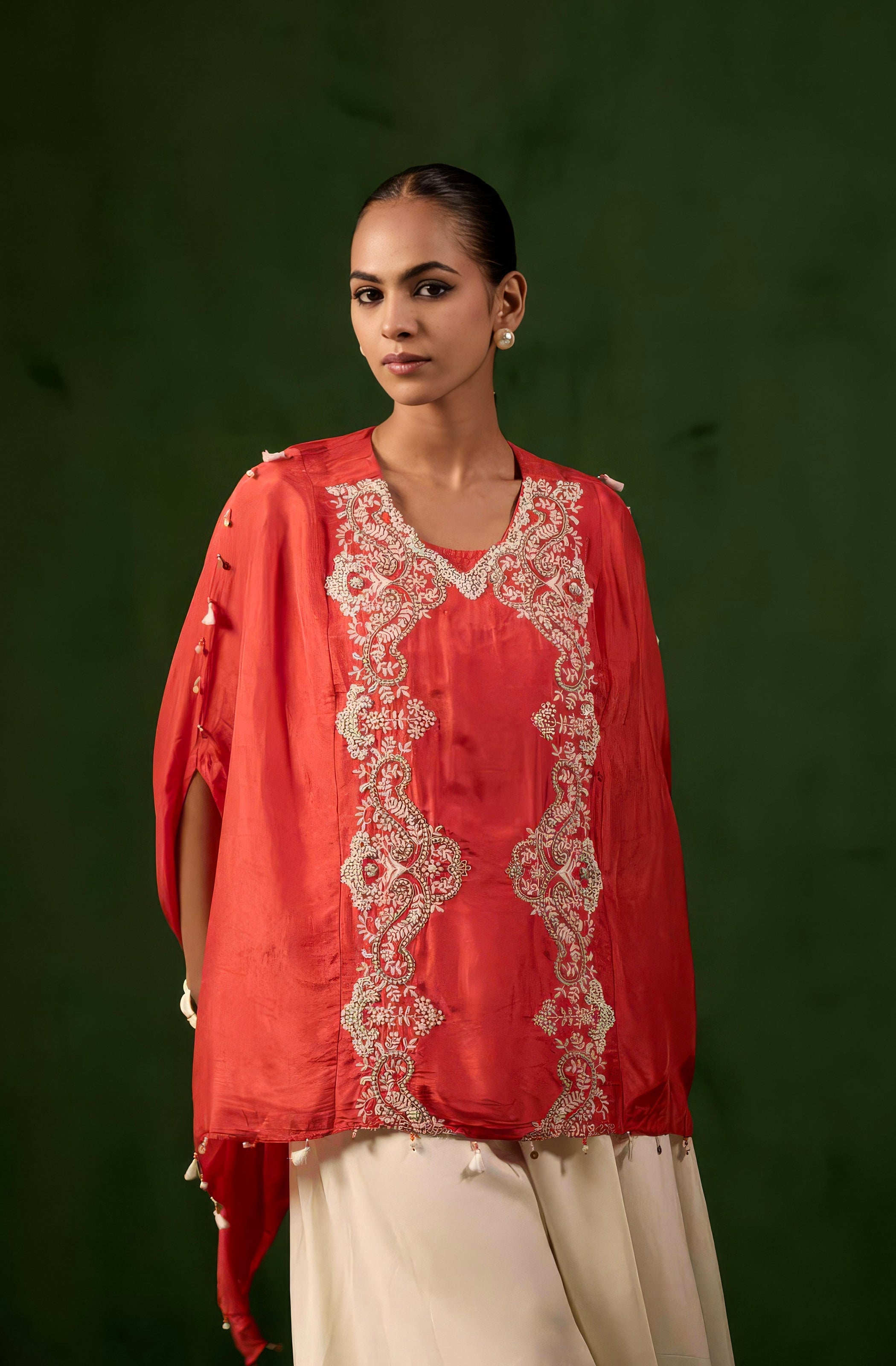 vermilion orange Embellished Raw Silk Kaftan Set