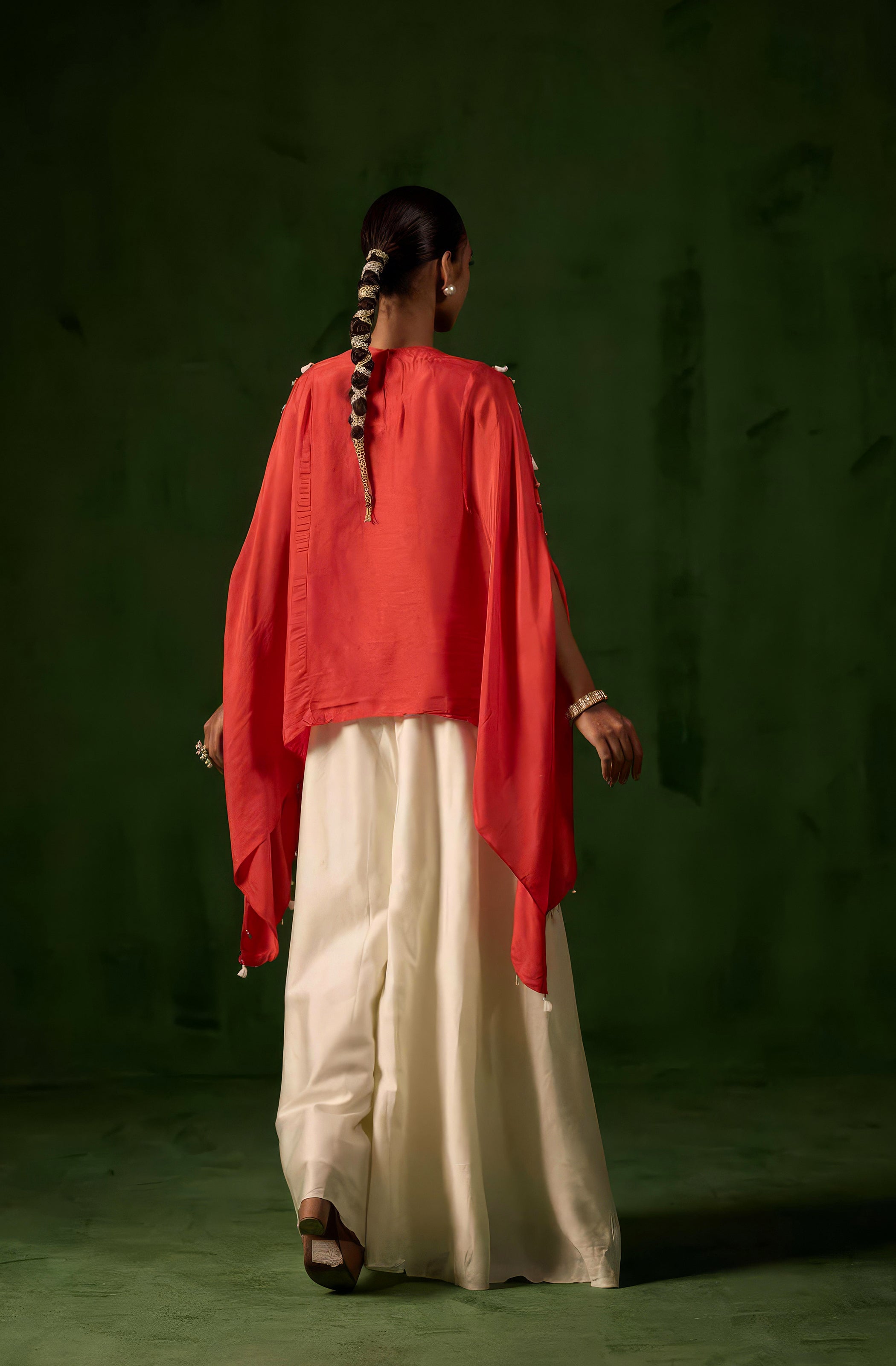 vermilion orange Embellished Raw Silk Kaftan Set