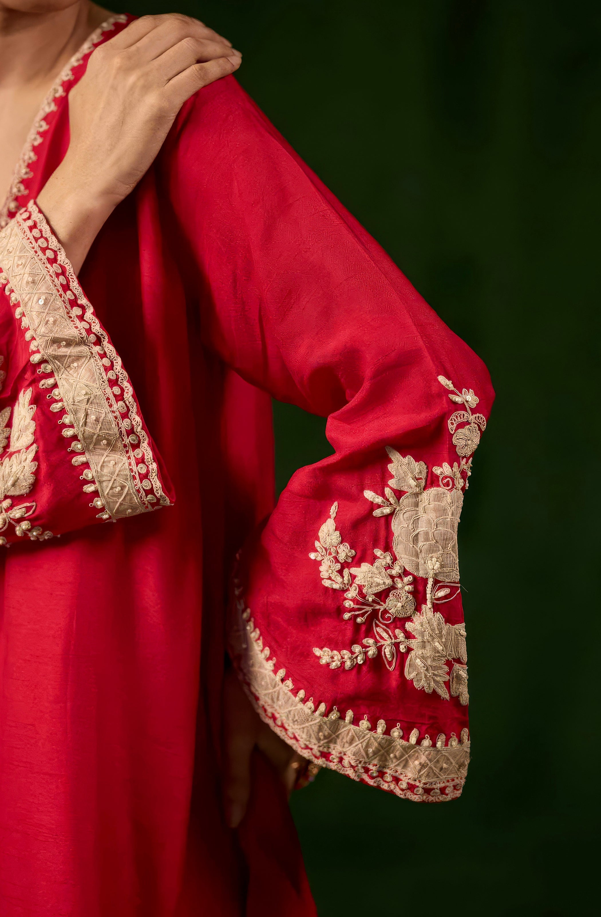 Bright Red Embellished Raw Silk Co-Ord Set