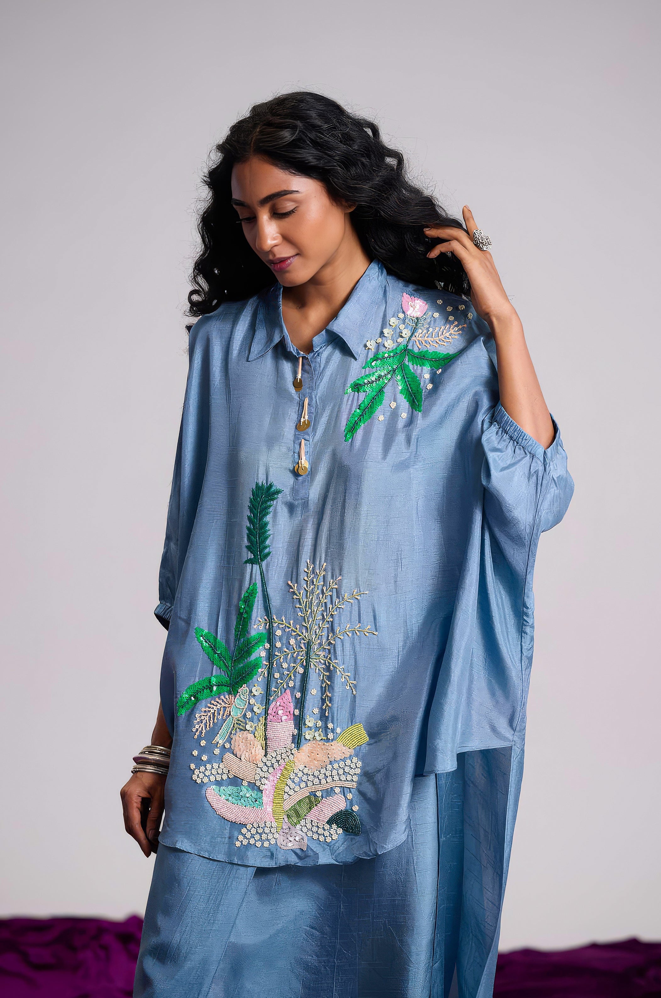 Dusty Blue Embellished Raw Silk Dhoti Set