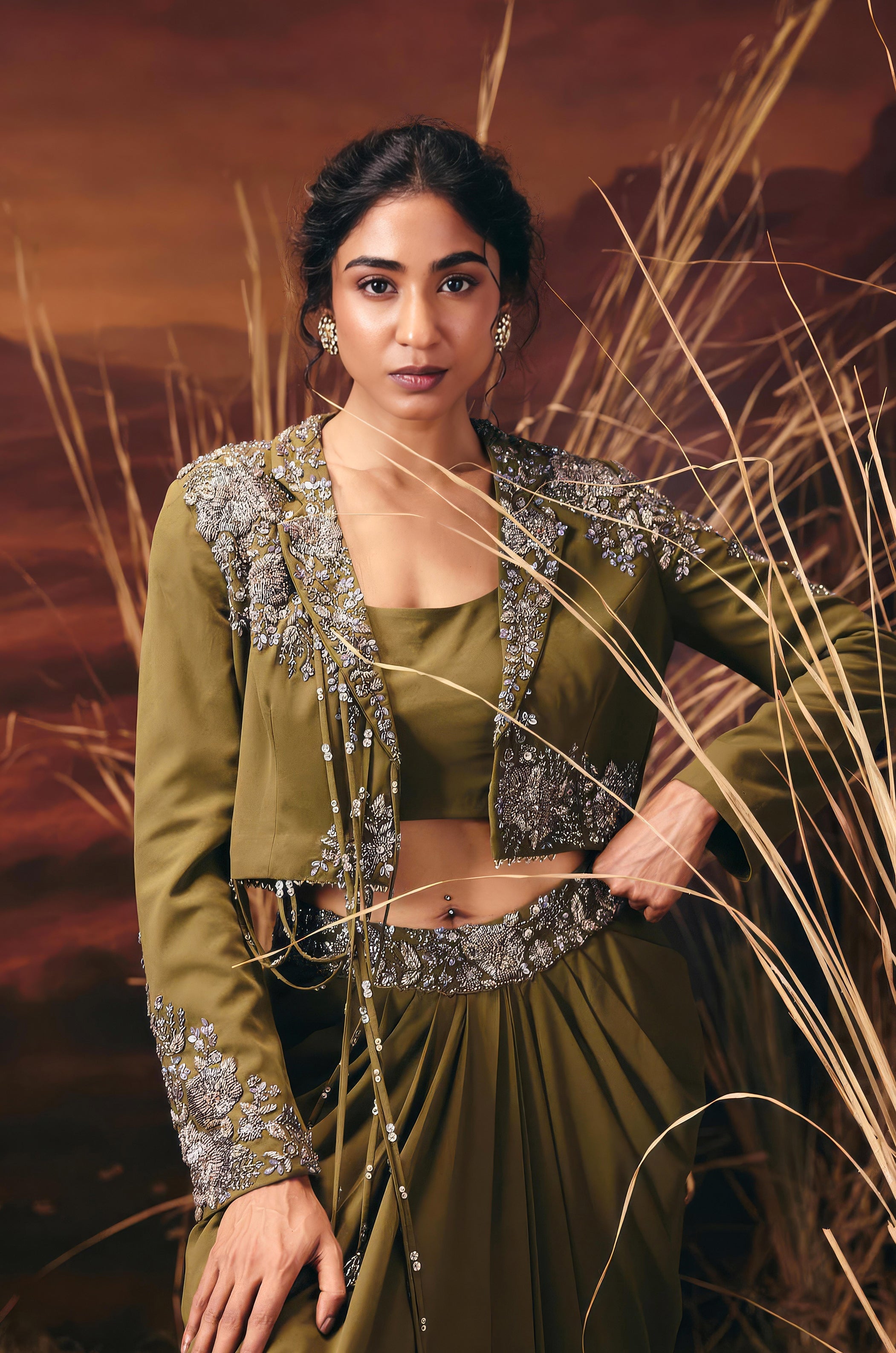 Olive Green Embellished Georgette Silk Skirt Set