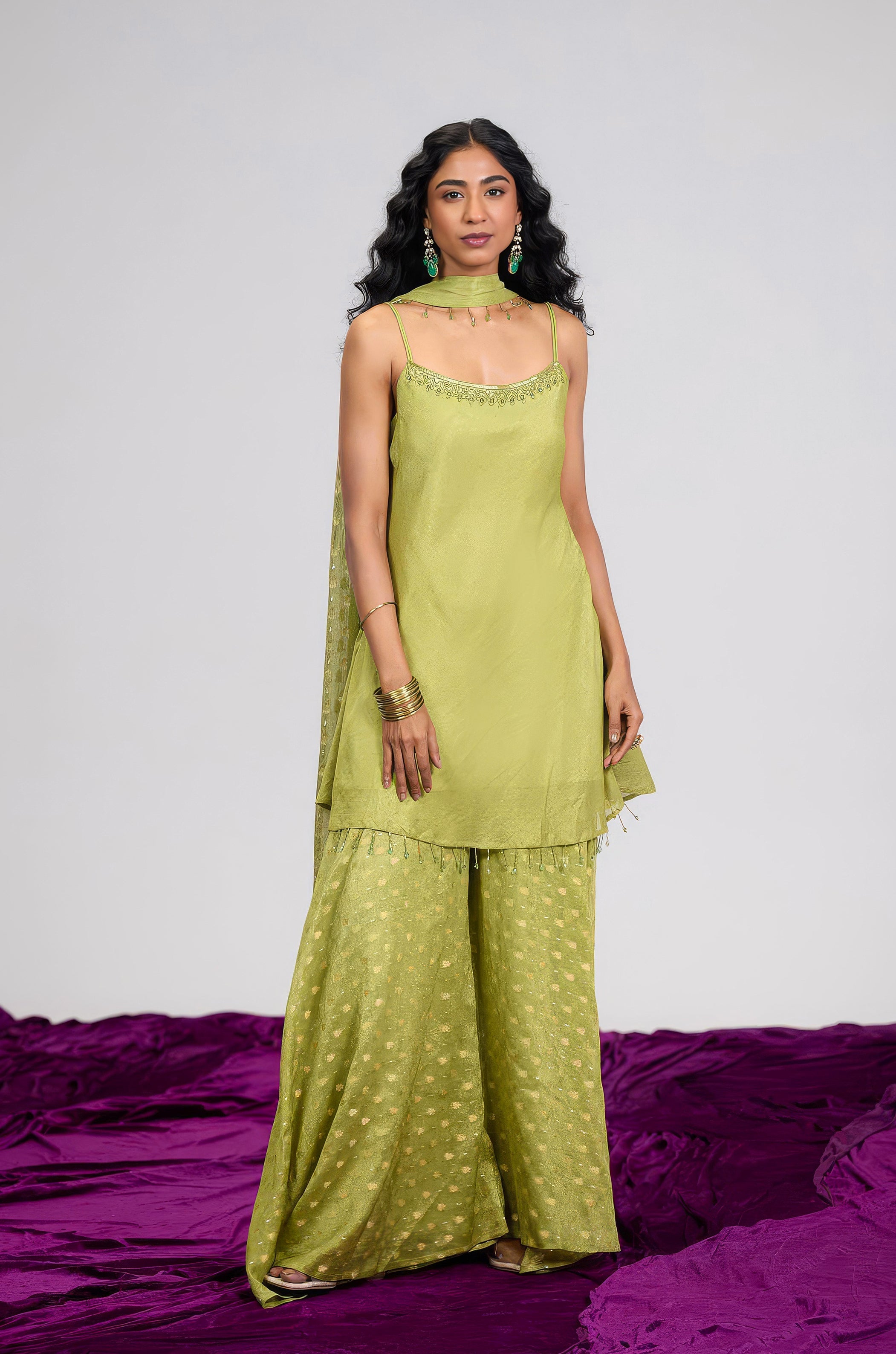 Pear Green Embellished Shimmer Tissue Silk Palazzo Set