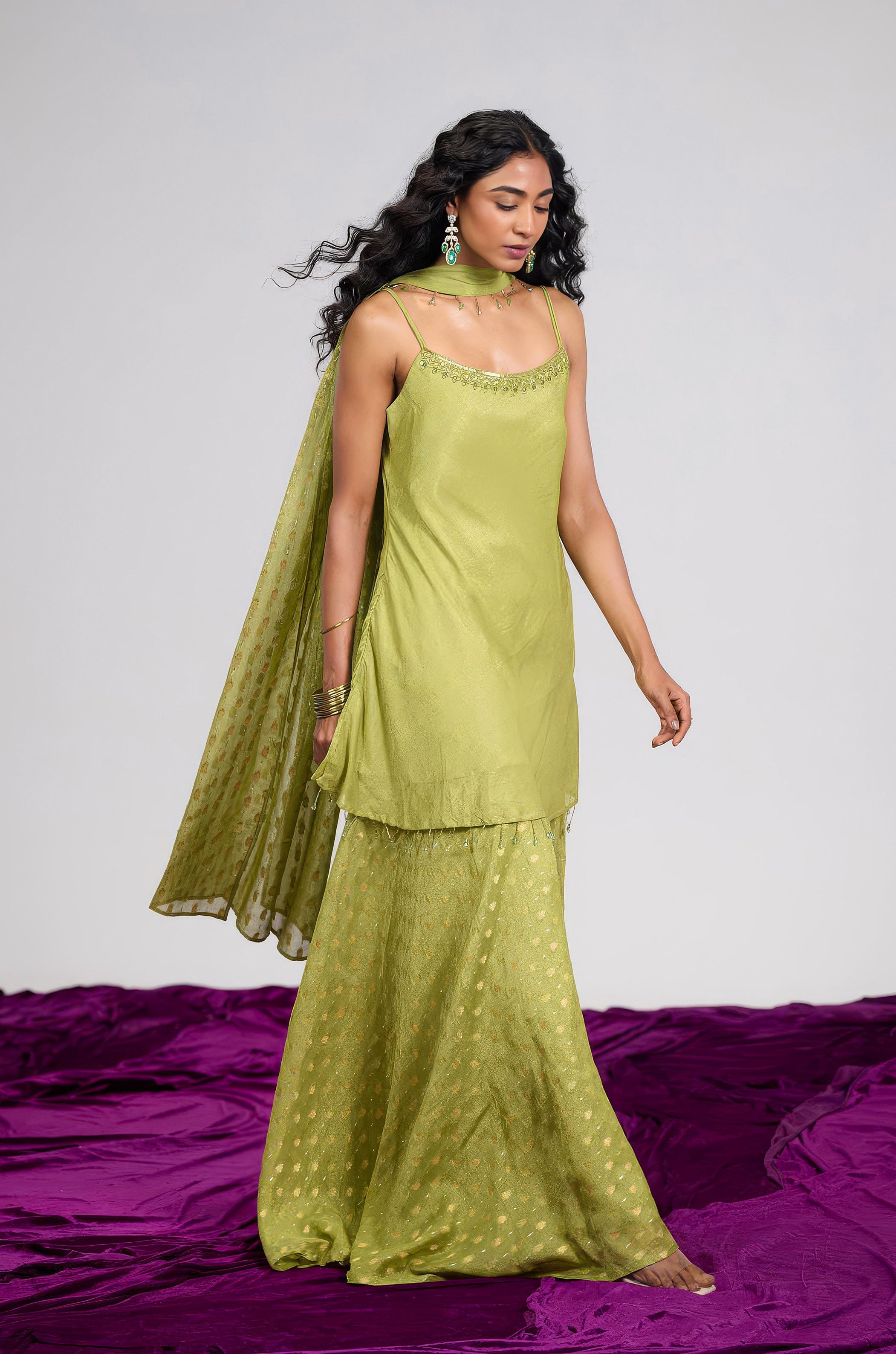 Pear Green Embellished Shimmer Tissue Silk Palazzo Set
