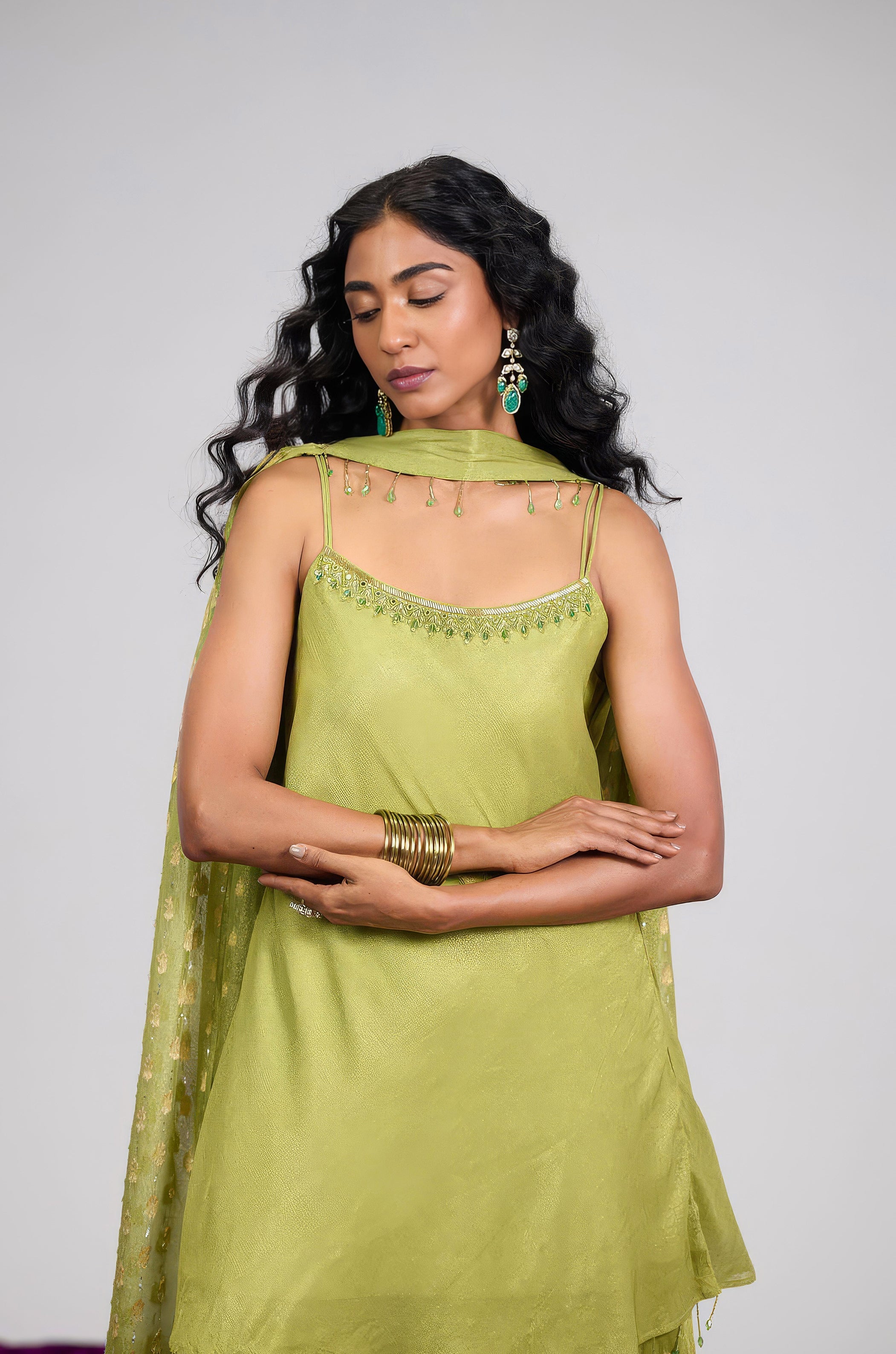 Pear Green Embellished Shimmer Tissue Silk Palazzo Set