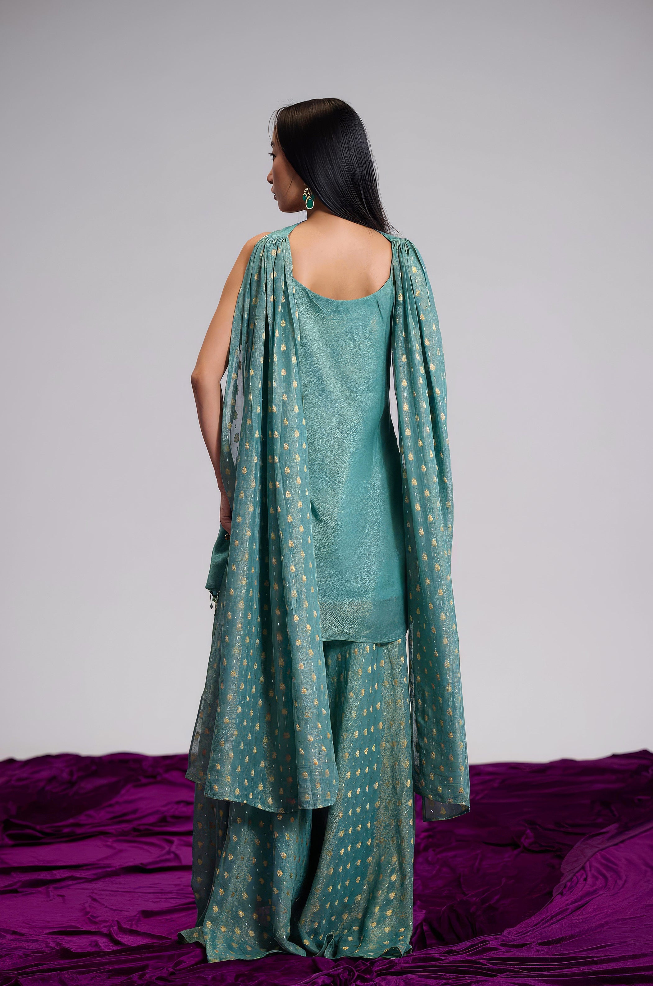 Teal Blue Embellished Shimmer Tissue Silk Palazzo Set