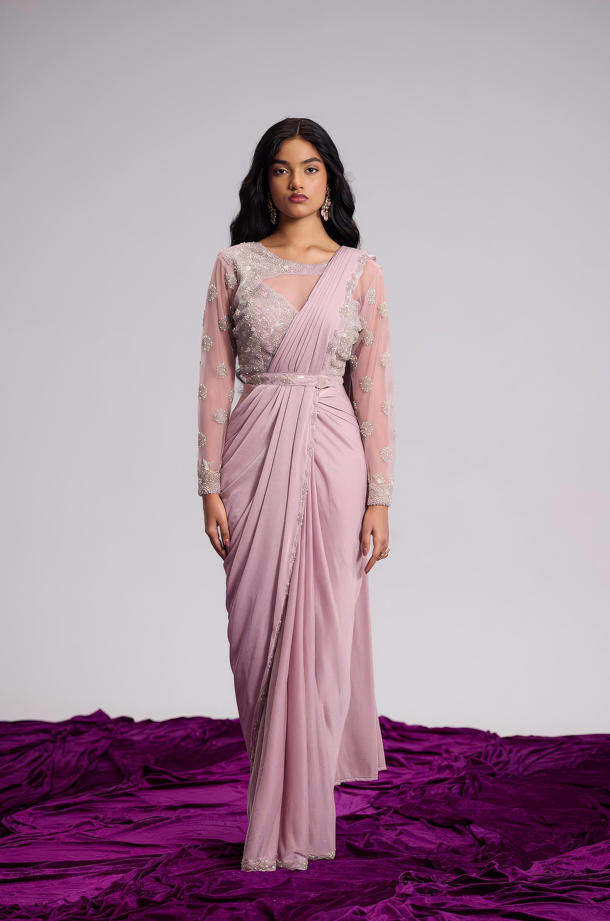 Light Pink Embellished Shimmer Lycra Silk Draped Saree