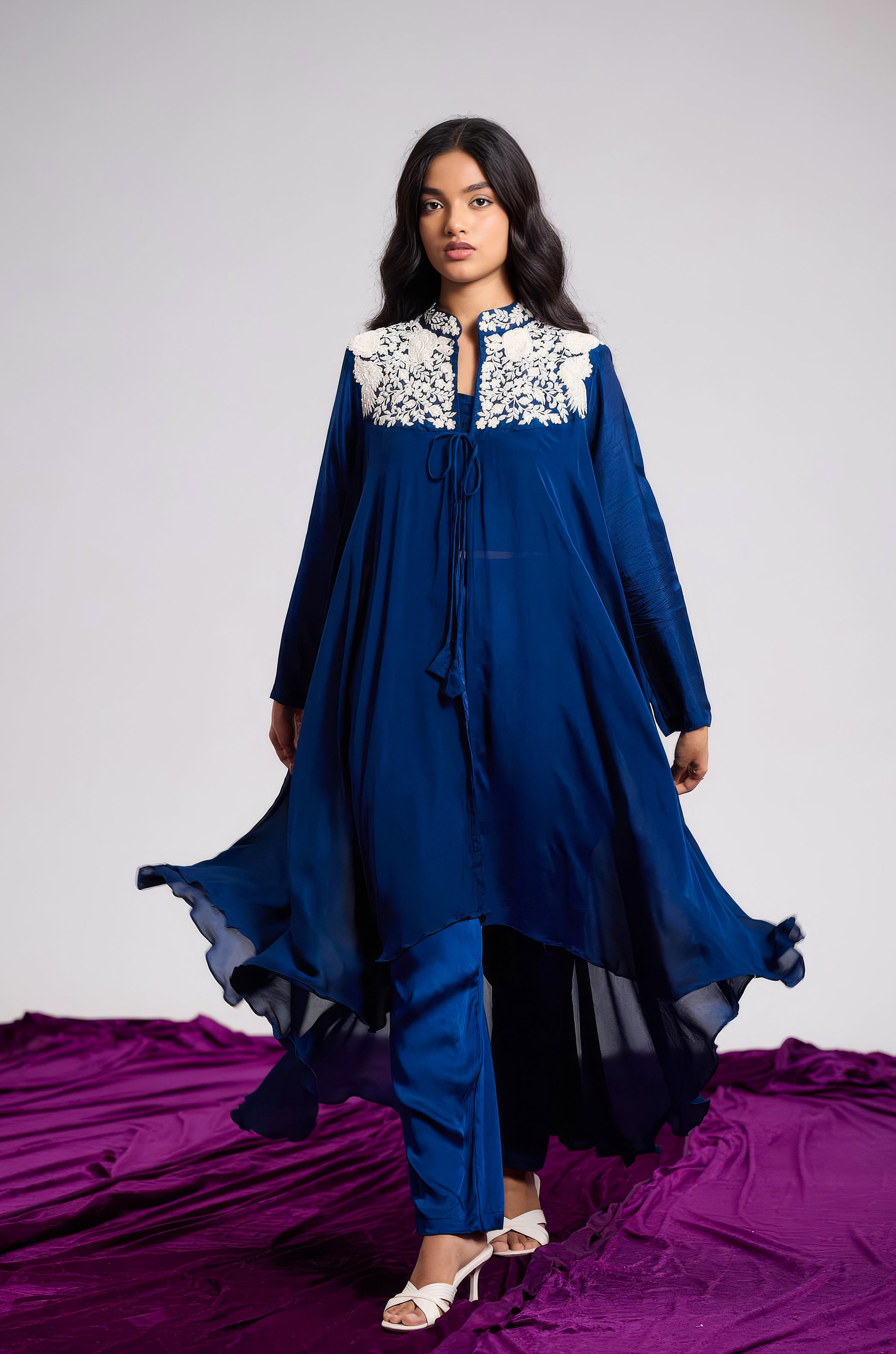 Deep Blue Embroidered Chinon Silk Co-Ord Set