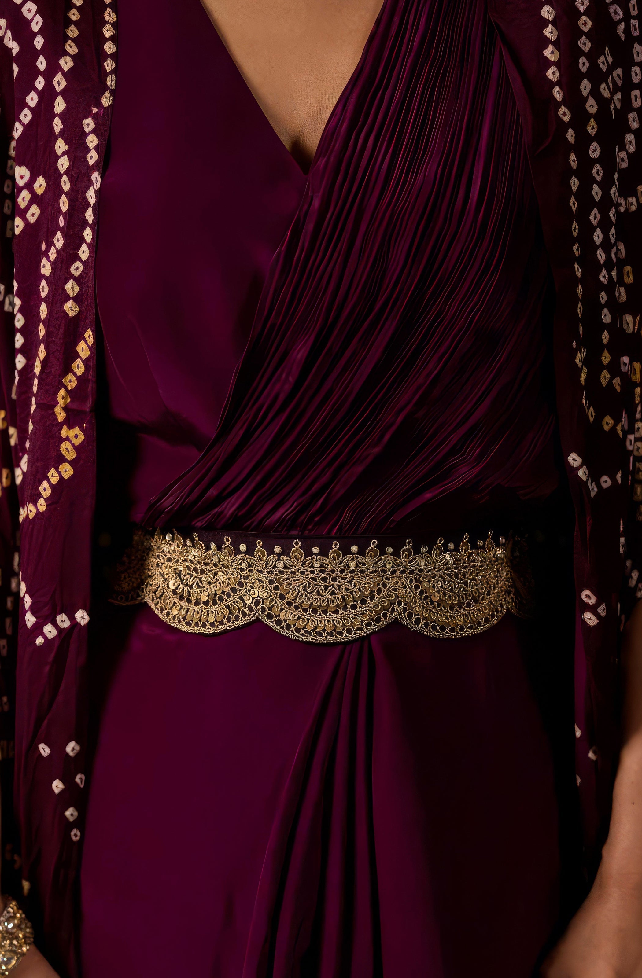 Wine Purple Embellished Satin Silk Draped Gown