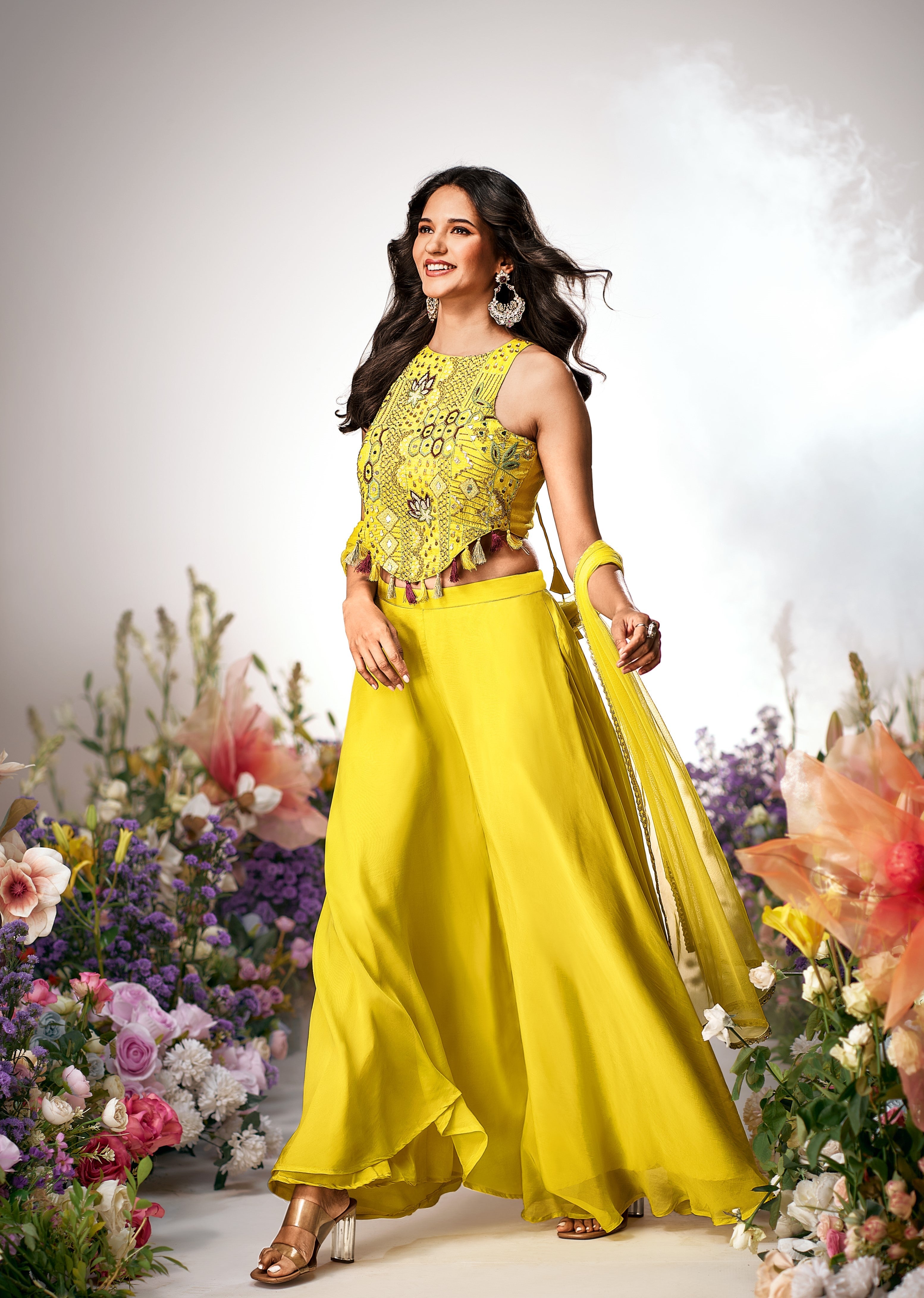 Bright Yellow Embroidered Premium Organza Silk Palazzo Set
