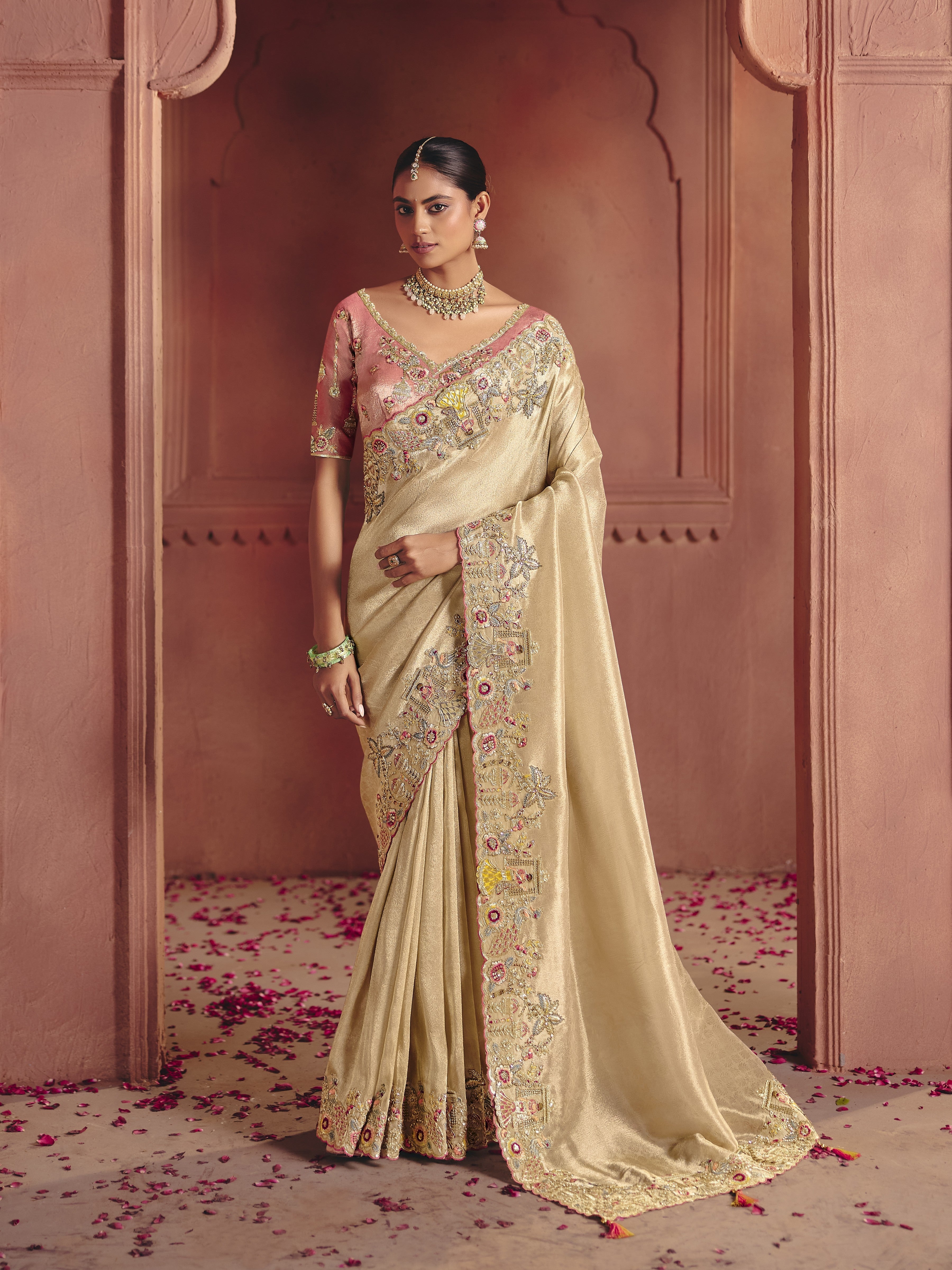 Champagne Gold Embellished Shimmer Tissue Silk Saree