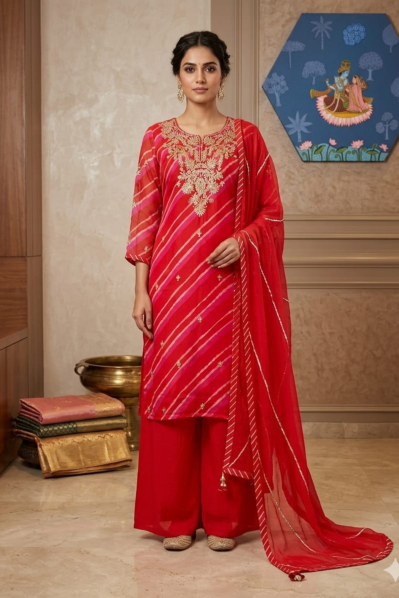Scarlet Red Embellished Organza Silk Palazzo Set