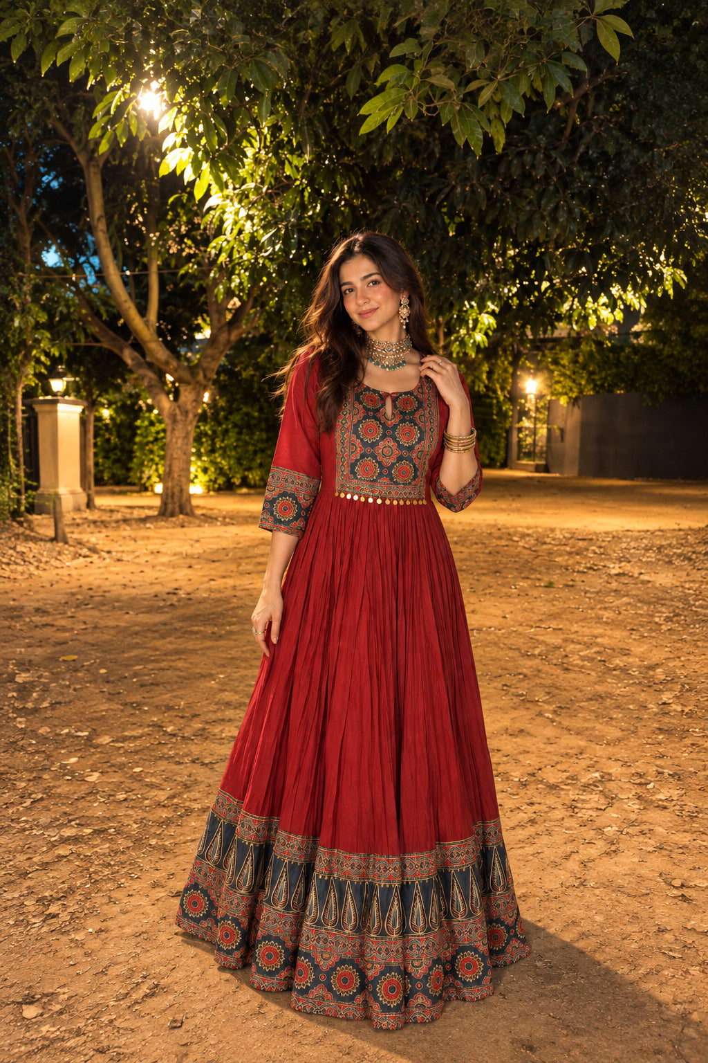 Rust Red Printed Mul Cotton Ajrakh Gown
