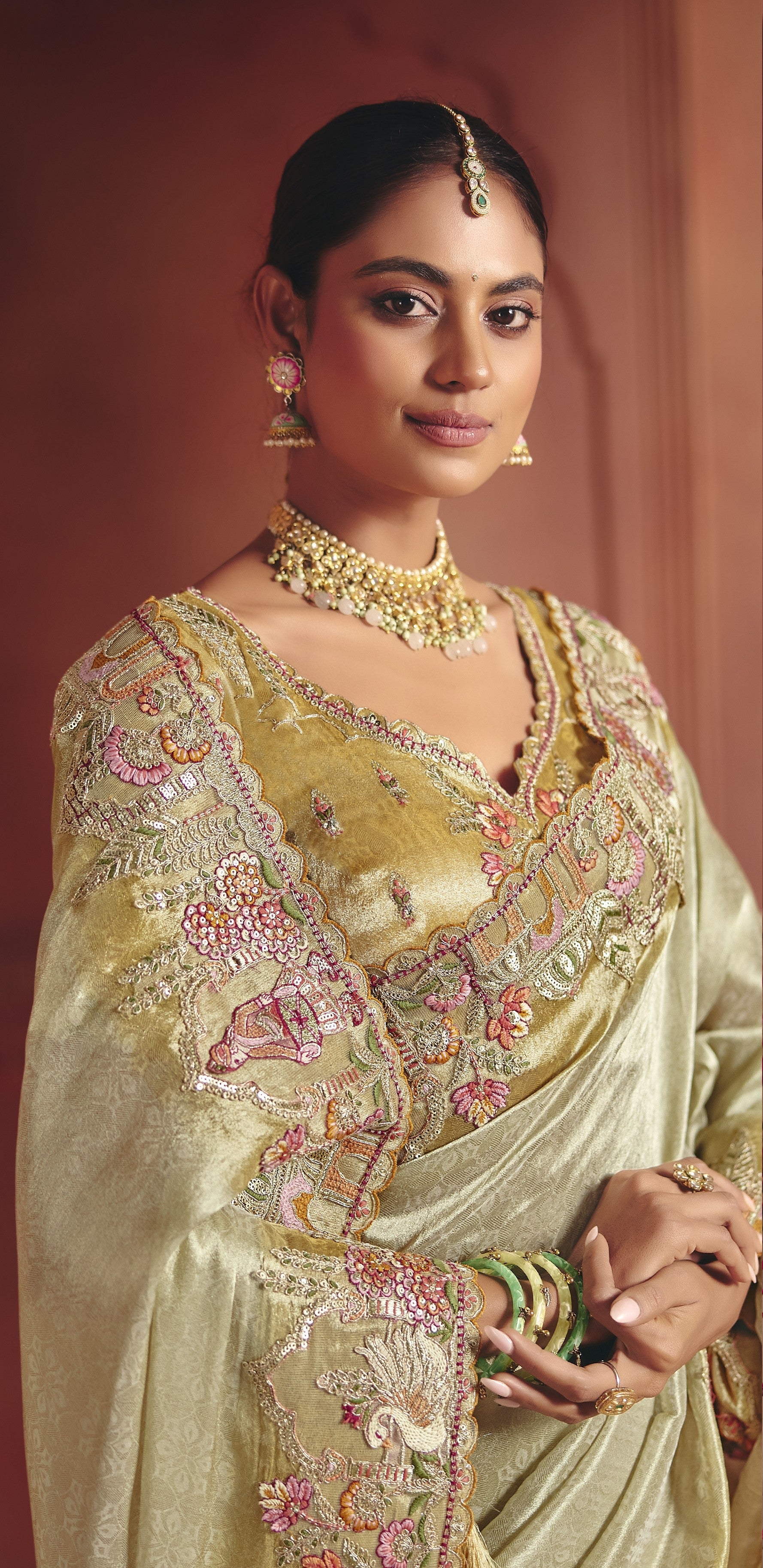 Ivory Gold Embellished Shimmer Tissue Silk Saree