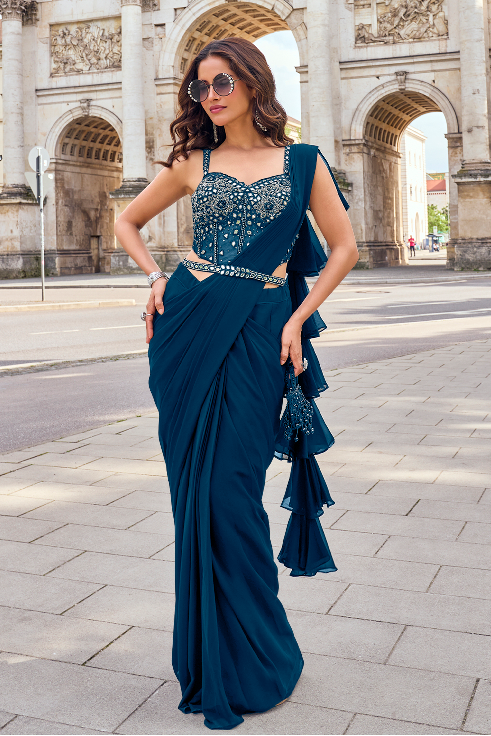 Teal Blue Embellished Georgette Silk Draped Saree L / Georgette Silk / Ready to Ship