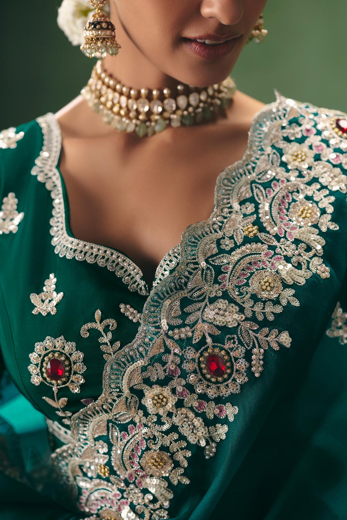 Rama Green Embellished Tissue Silk Saree