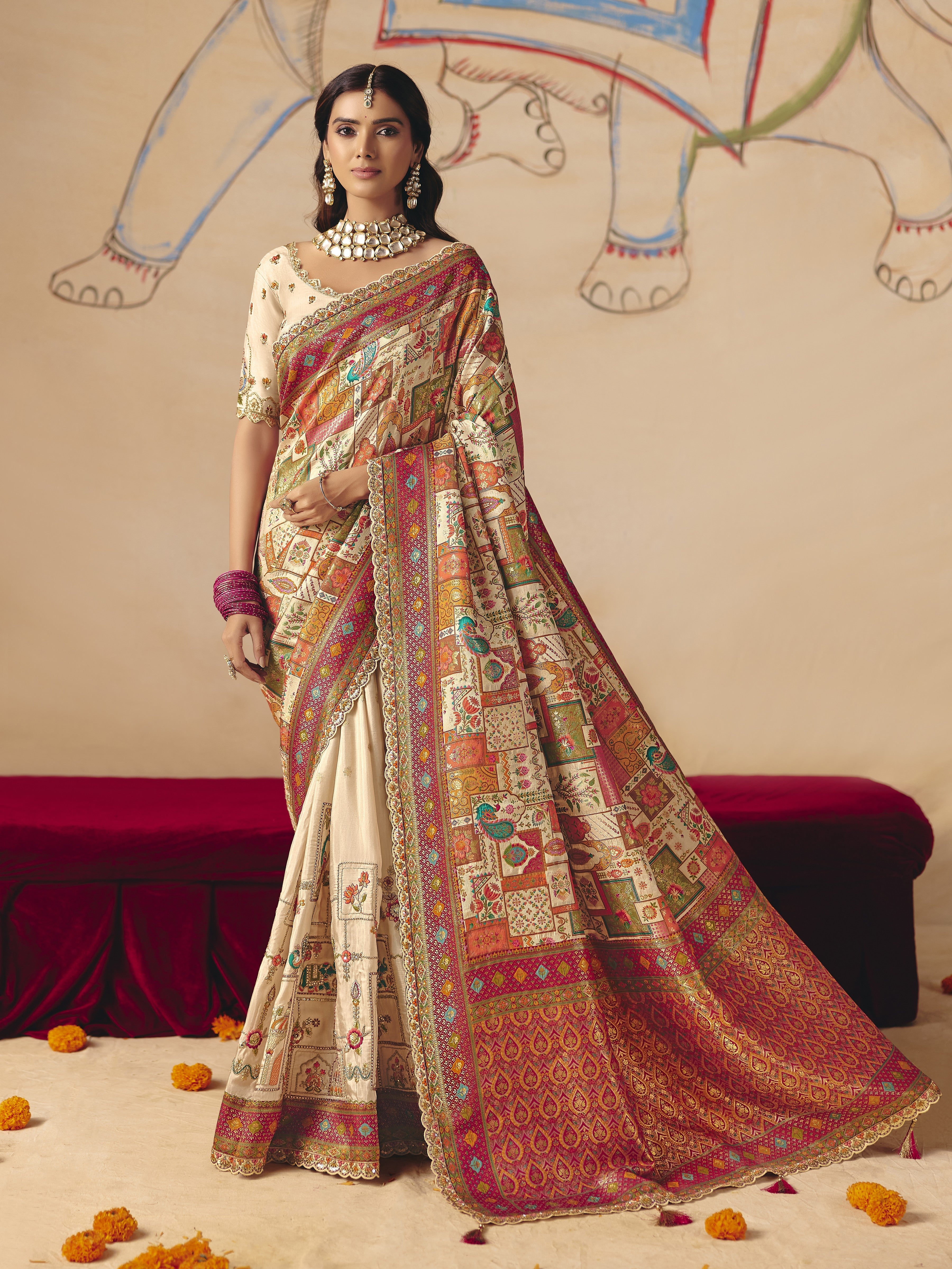 Off White Embellished Dola Silk Saree