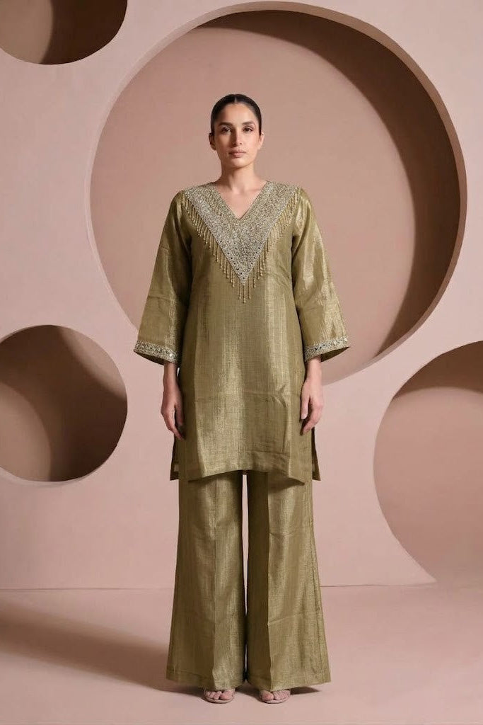 Rich Gold Embellished Shimmer Crushed Silk Palazzo Set