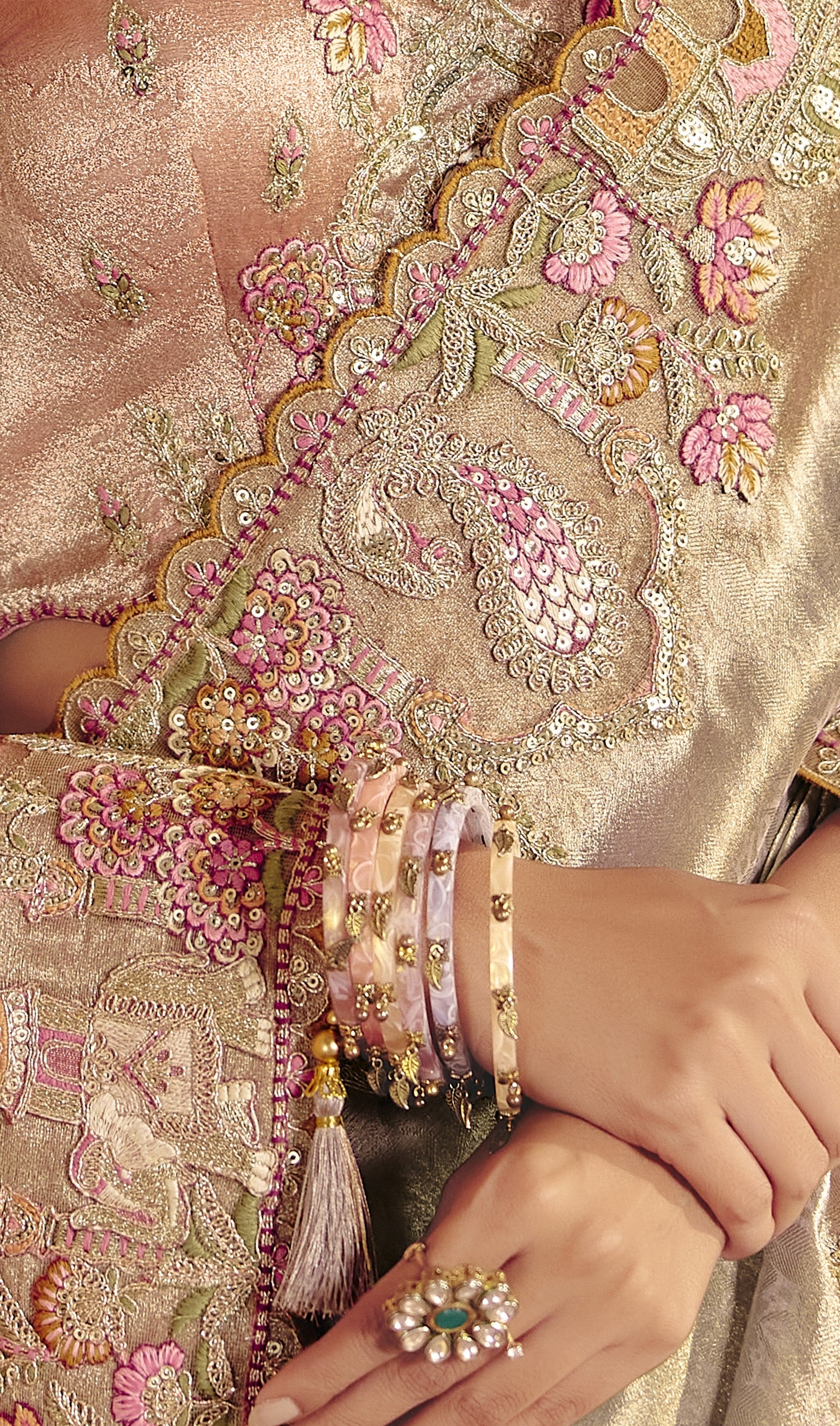 Antique Gold Embellished Shimmer Tissue Silk Saree