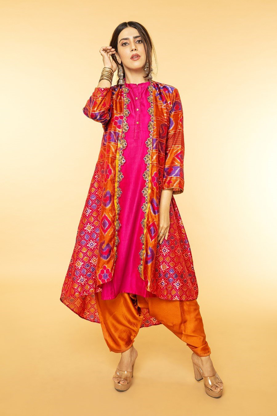 Pinkish Orange Patola Jacket Set with Harem Pants