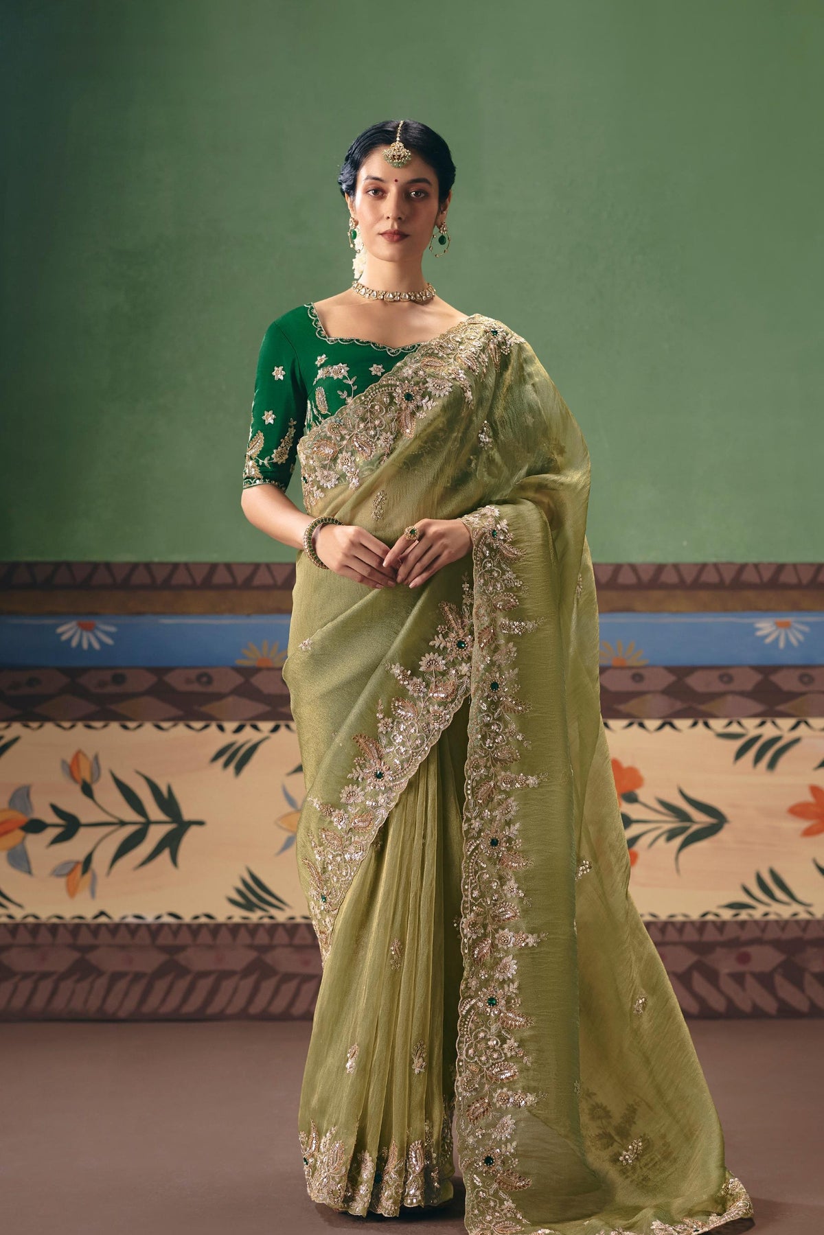 Light Olive Embellished Tissue Organza Silk Saree