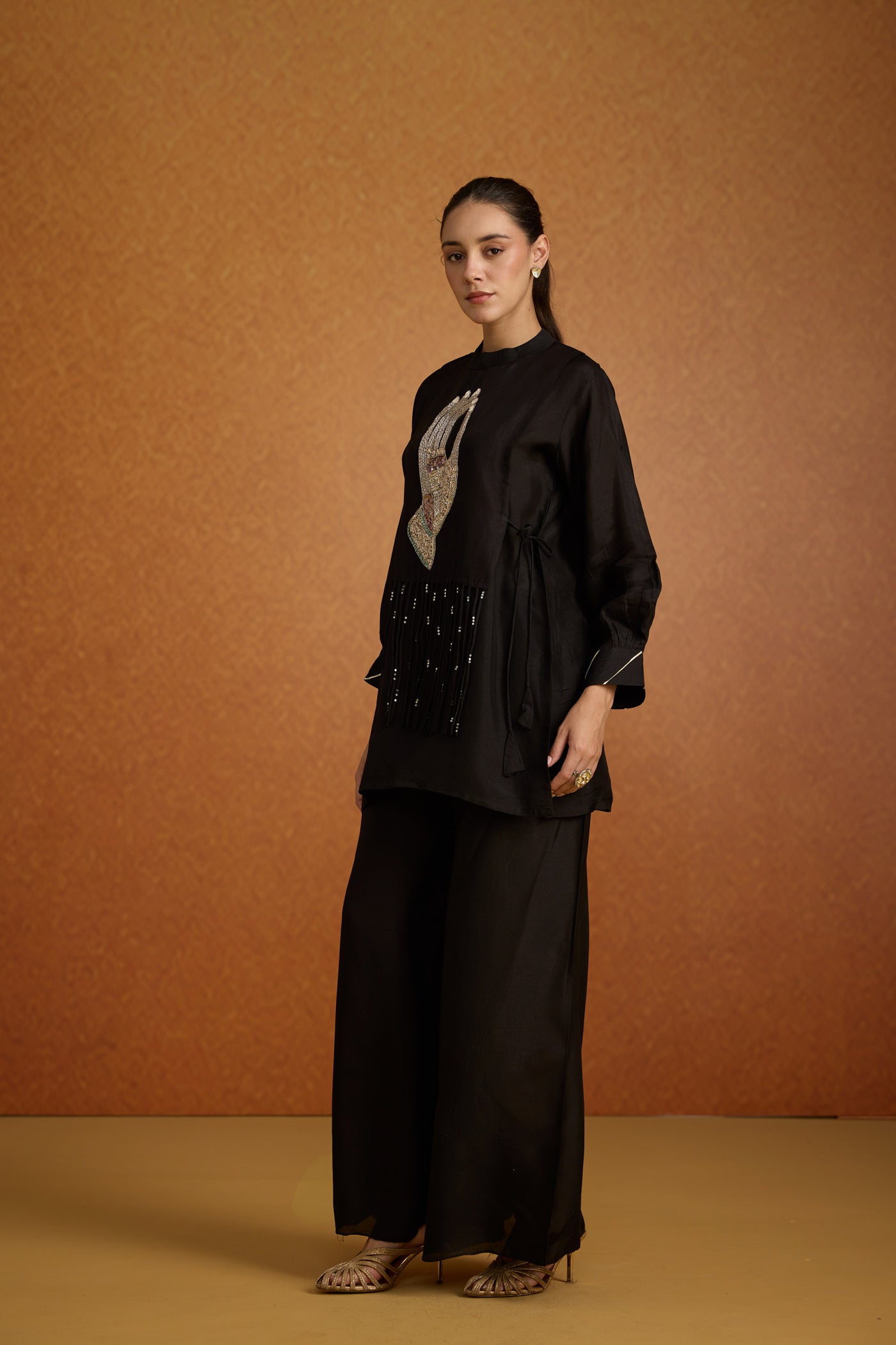 Deep Black Embellished Crepe Silk Palazzo Set