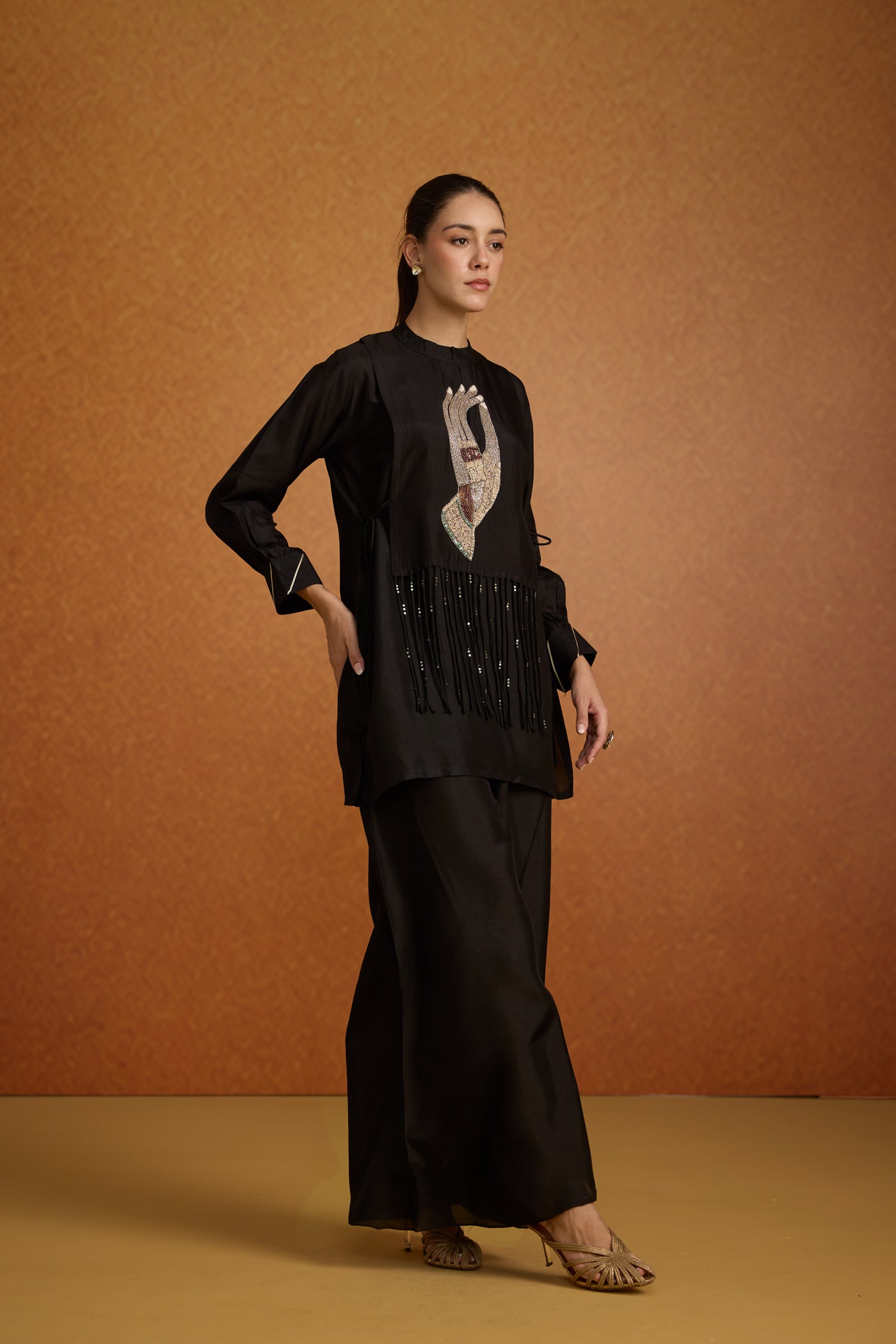 Deep Black Embellished Crepe Silk Palazzo Set