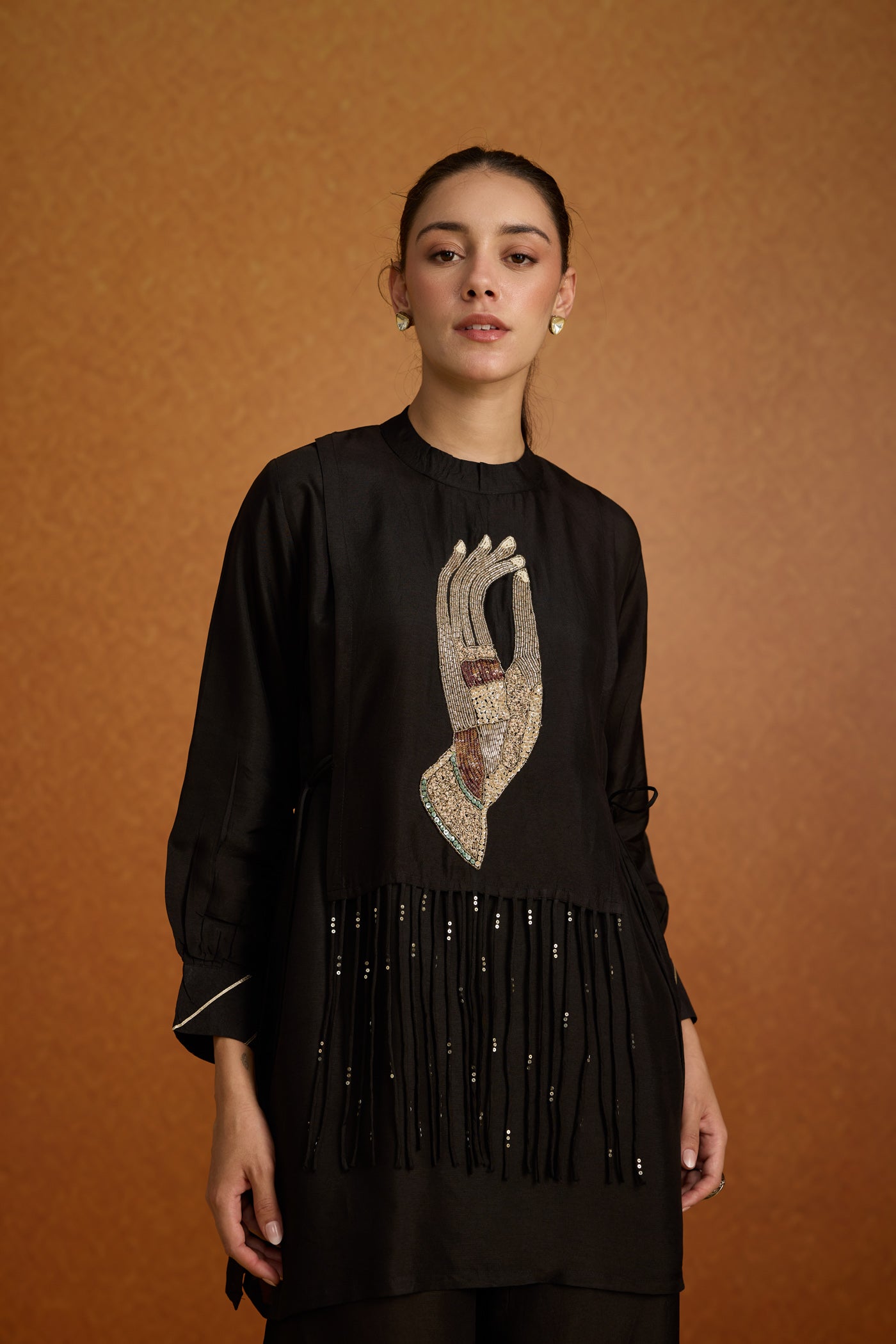 Deep Black Embellished Crepe Silk Palazzo Set