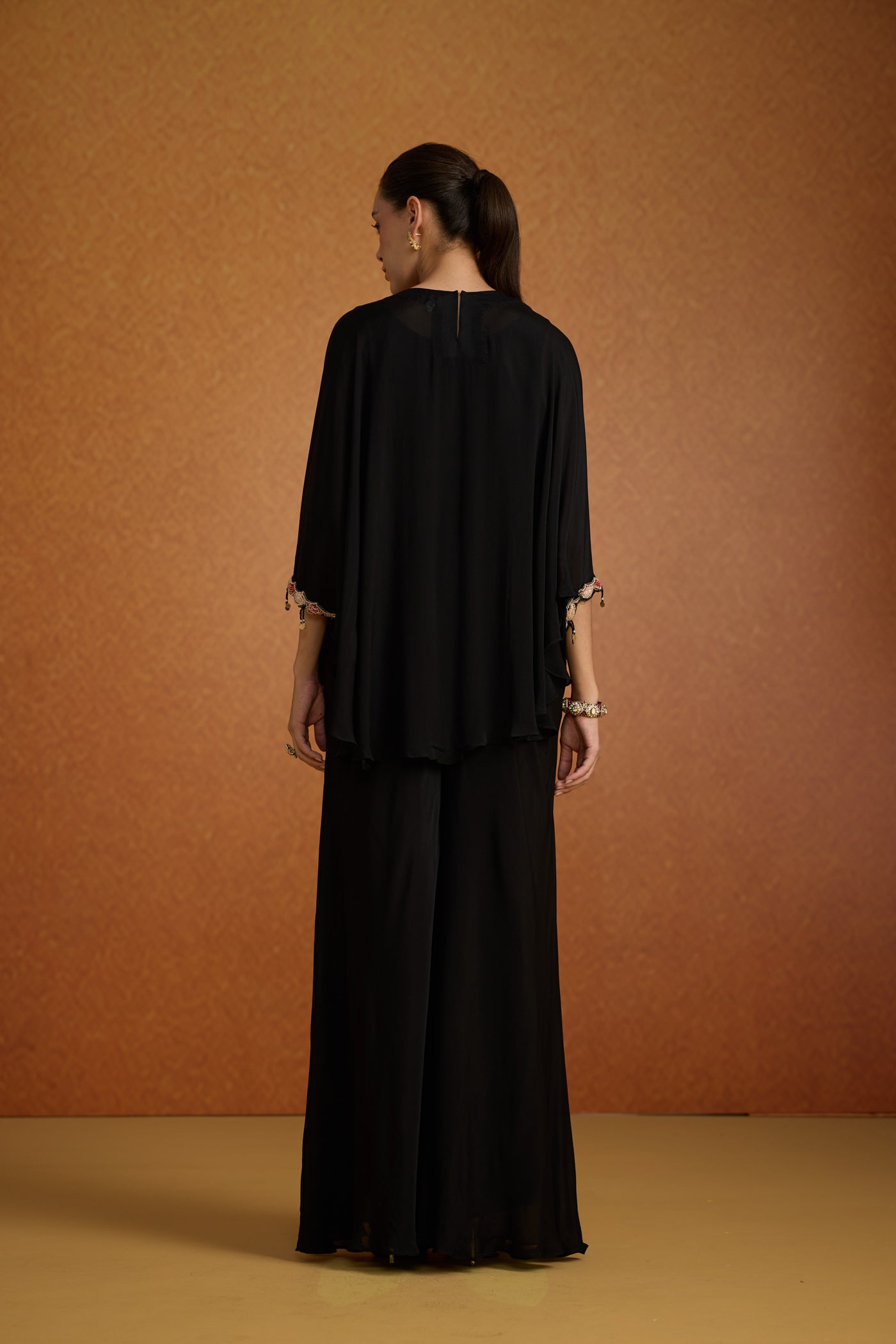 Black Boho Embellished Georgette Kaftan Set