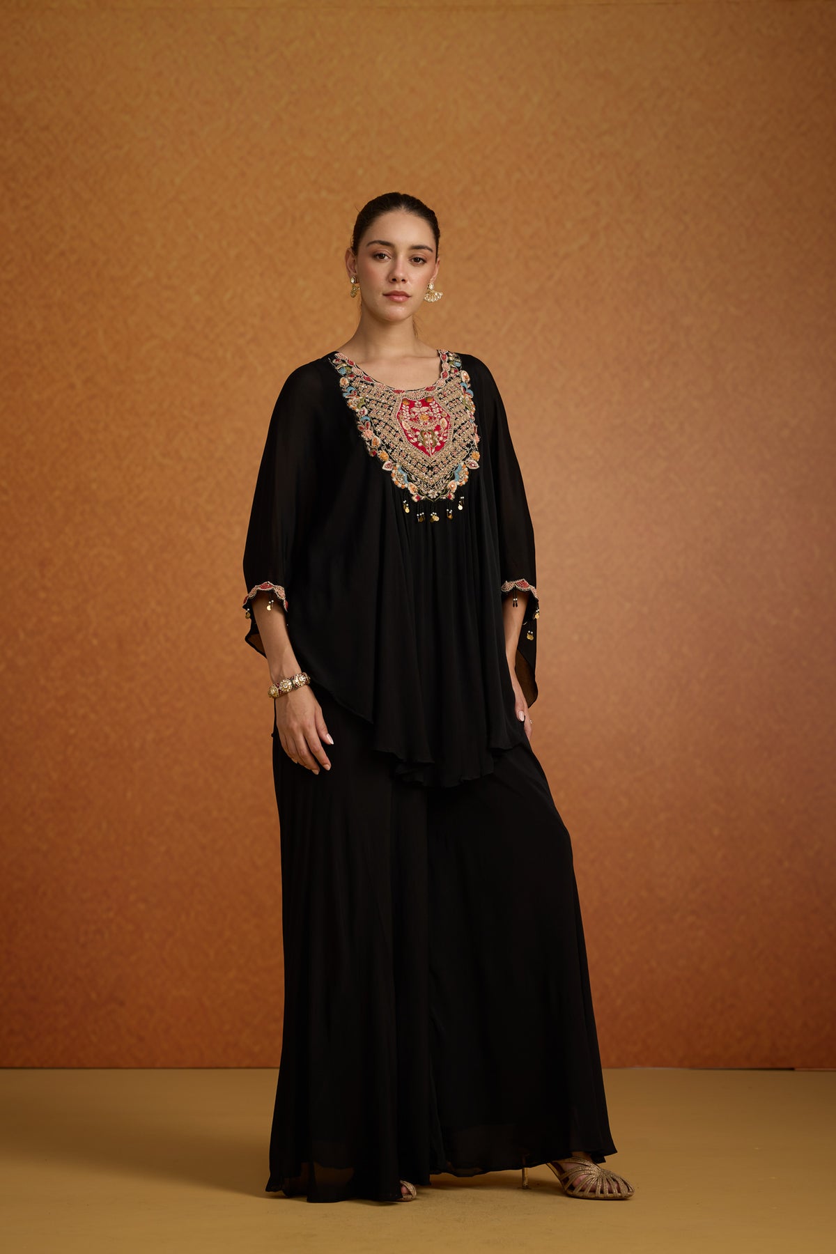 Black Boho Embellished Georgette Kaftan Set