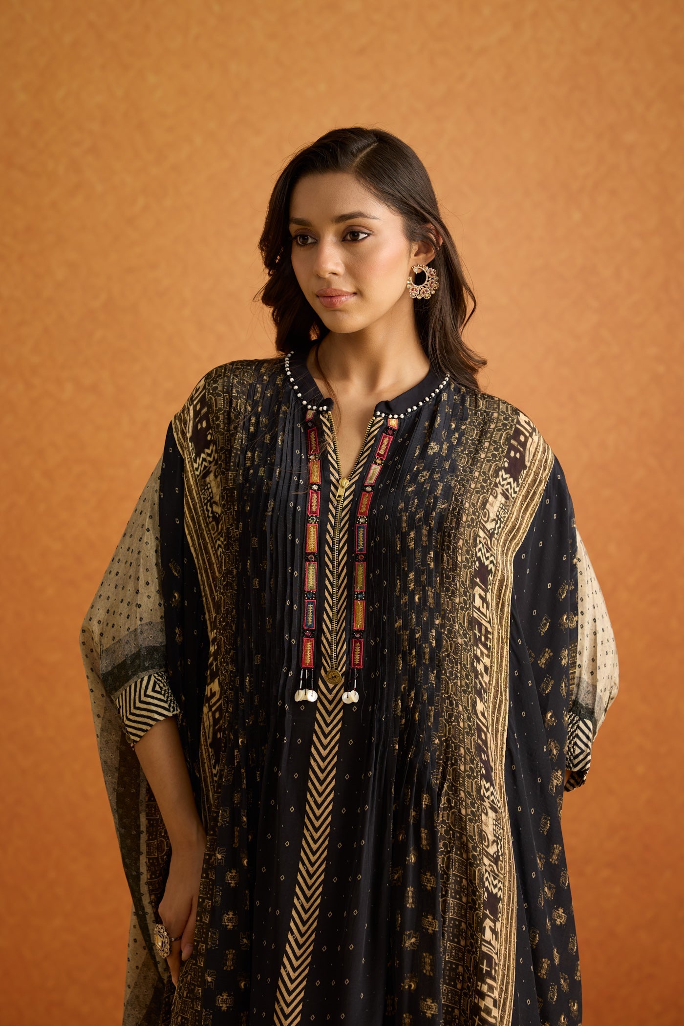 Charcoal Black Embellished Crepe Silk Kaftan Set
