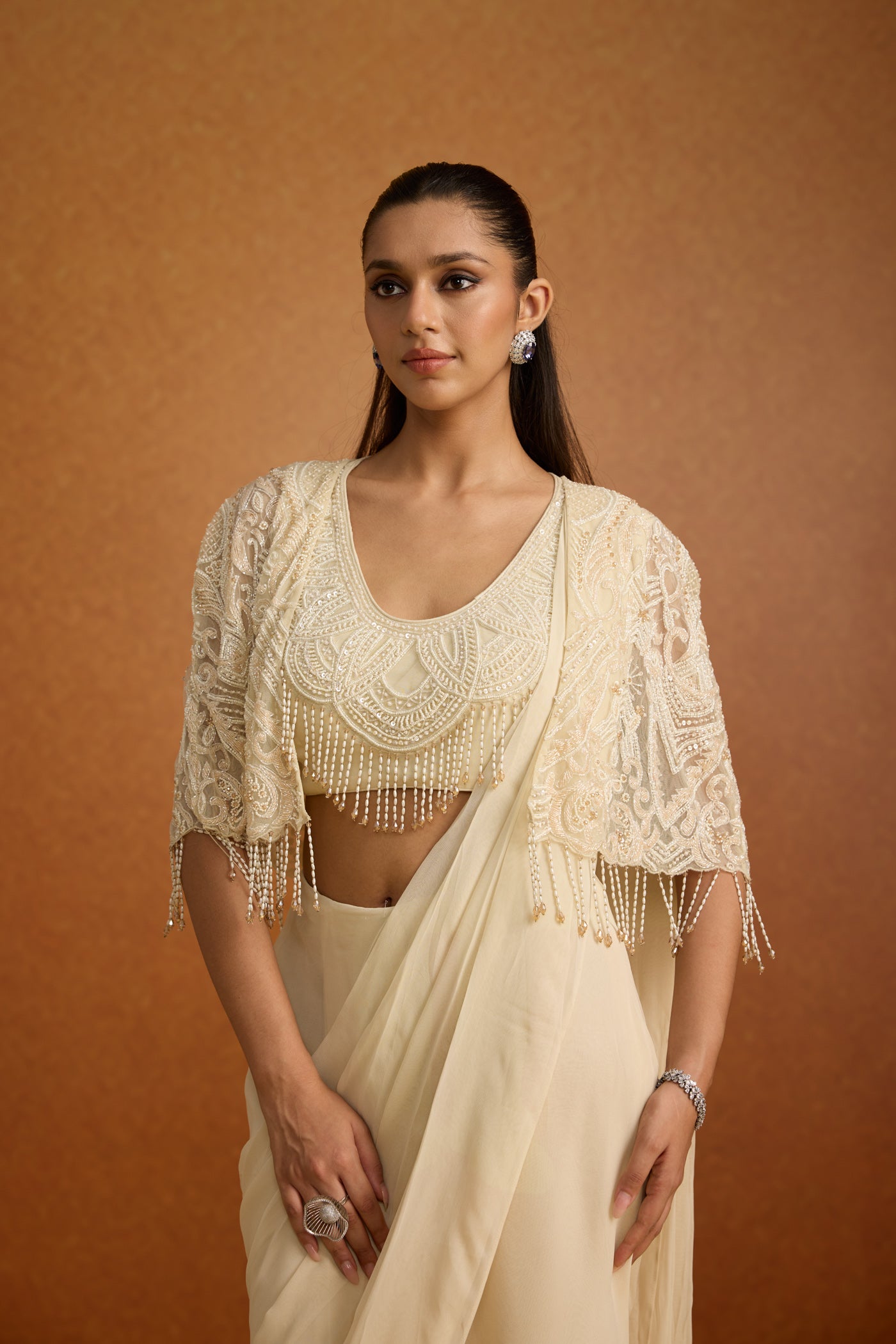 Ivory Embellished Soft Georgette Pre-Draped Saree