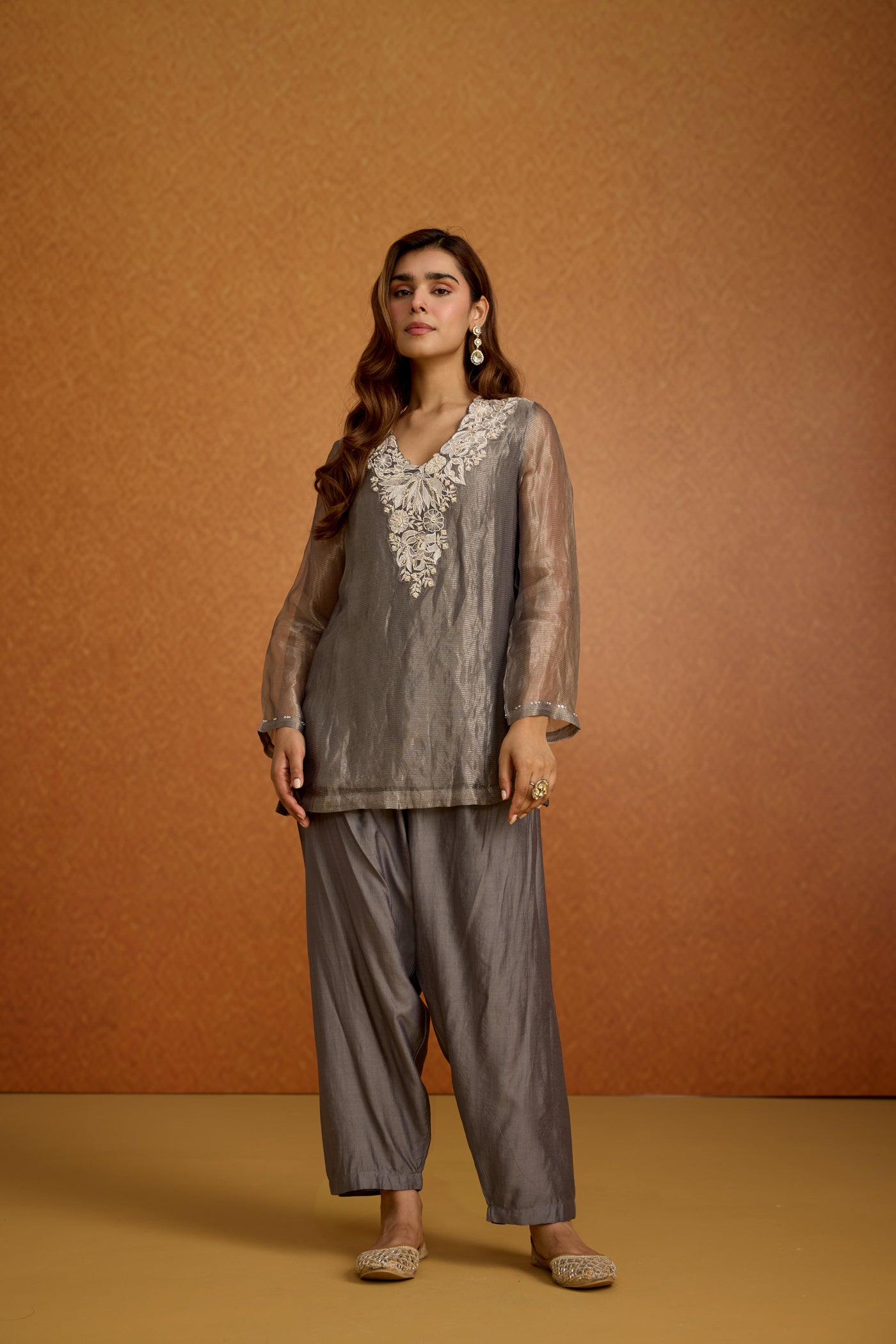 Metallic Silver Grey Shimmer Tissue Silk Co-Ord Set