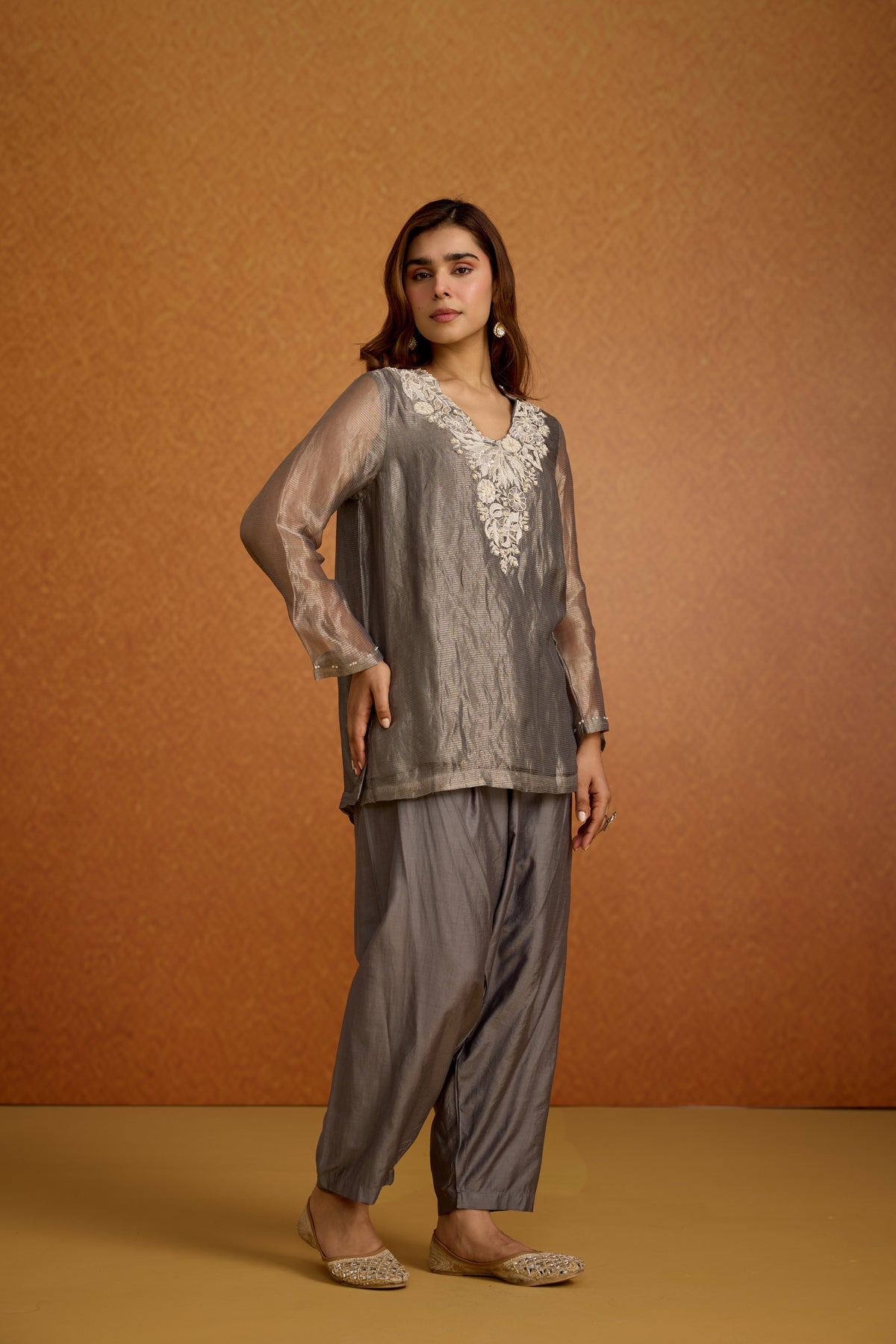 Metallic Silver Grey Shimmer Tissue Silk Co-Ord Set