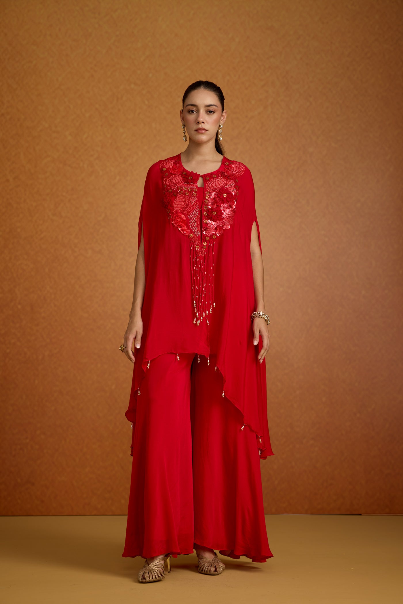 Royal Crimson Embellished Chinon Silk Palazzo Set