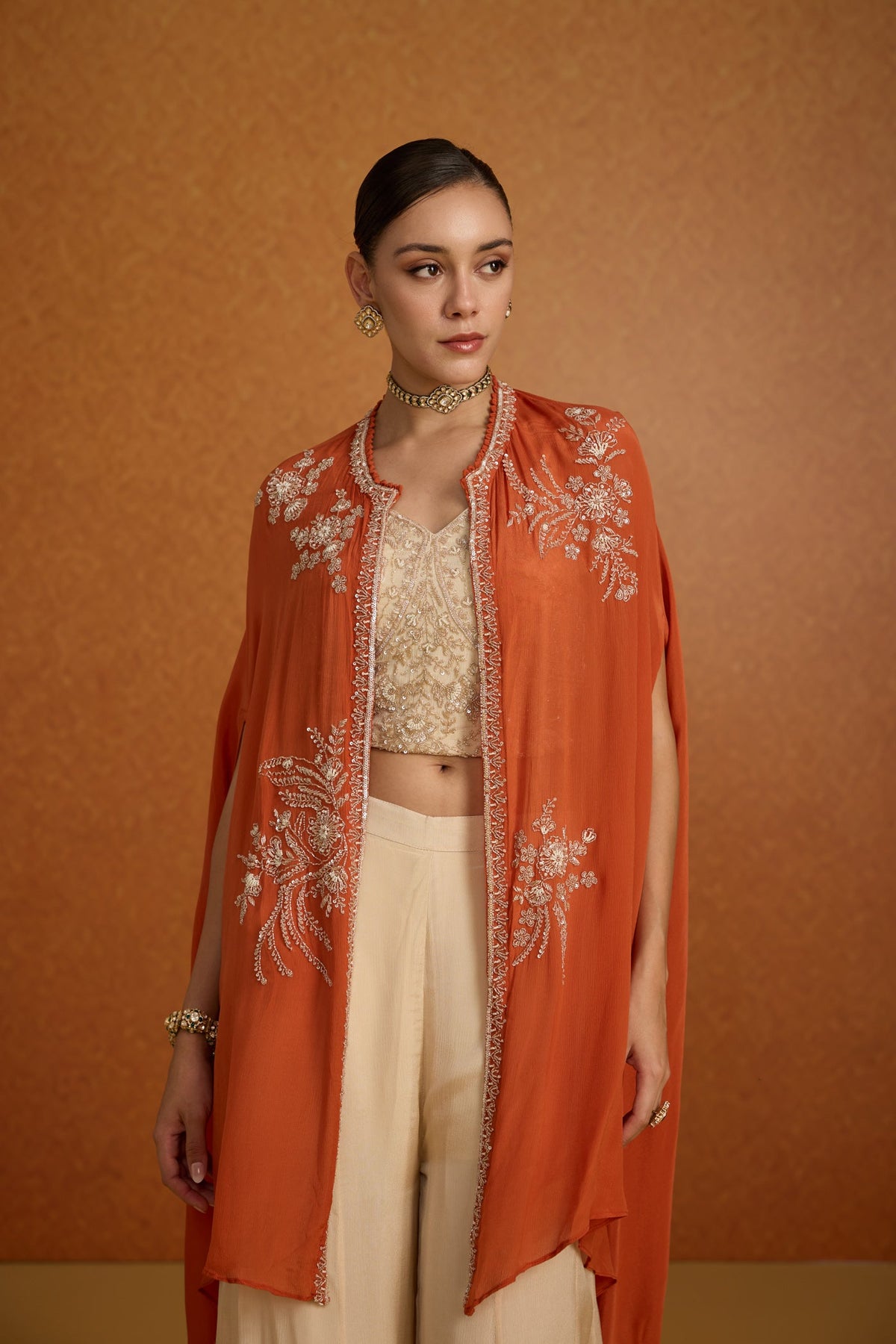 Burnt Orange Embellished Crepe Silk Kaftan Set