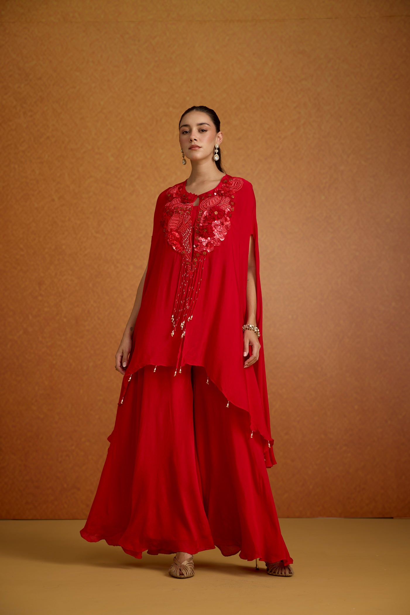 Royal Crimson Embellished Chinon Silk Palazzo Set